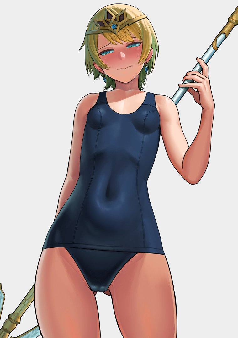 blonde_hair blue_eyes blue_hair blue_swimsuit blush competition_swimsuit embarrassed female fire_emblem fire_emblem_heroes fjorm_(fire_emblem) gradient_hair lasterk multicolored_hair nintendo one-piece_swimsuit polearm school_swimsuit short_hair slim solo swimsuit weapon