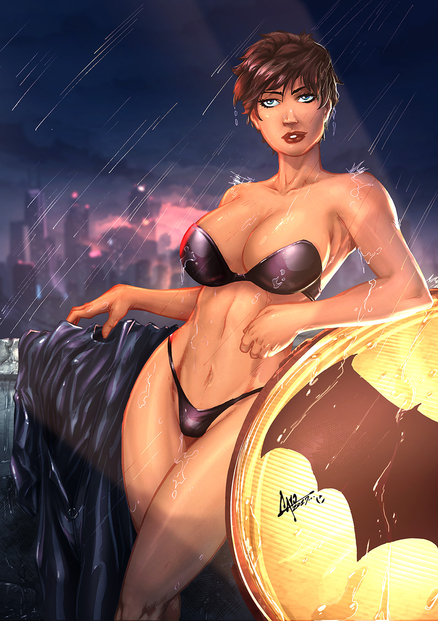 1girls 2017 bat_signal batman_(series) black_hair black_underwear blue_eyes bra caio_marcus cameltoe catwoman cleavage david_delanty dc dc_comics female female_only fit fit_female large_breasts panties rain rooftop selina_kyle short_hair solo strapless_bra thong underwear underwear_only