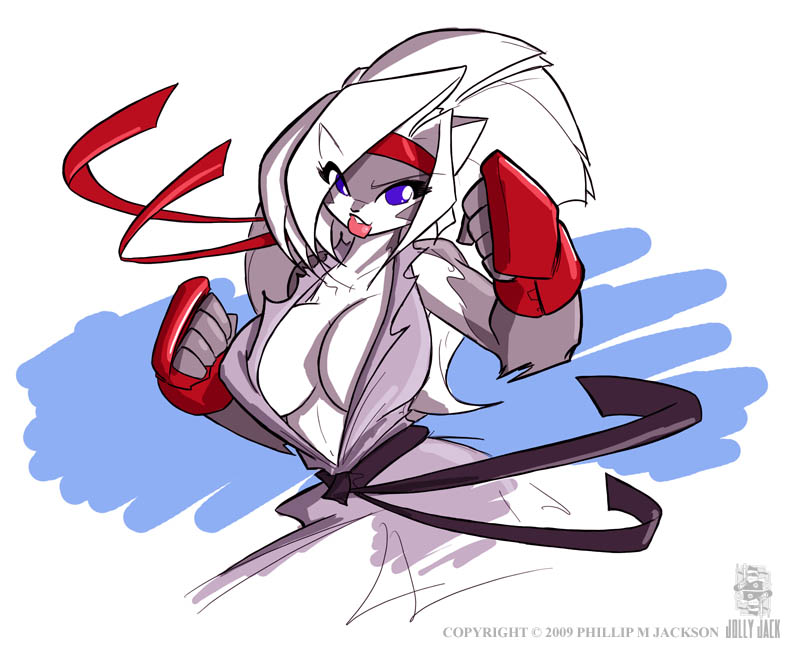 black_belt blue_eyes breasts chloe_sinclaire female female_only fighting_stance furry grey_body grey_fur hair_over_one_eye headband jolly_jack large_breasts lipstick long_hair looking_at_viewer open_shirt red_headband skunk street_fighter two_tone_body two_tone_fur white_body white_fur white_hair