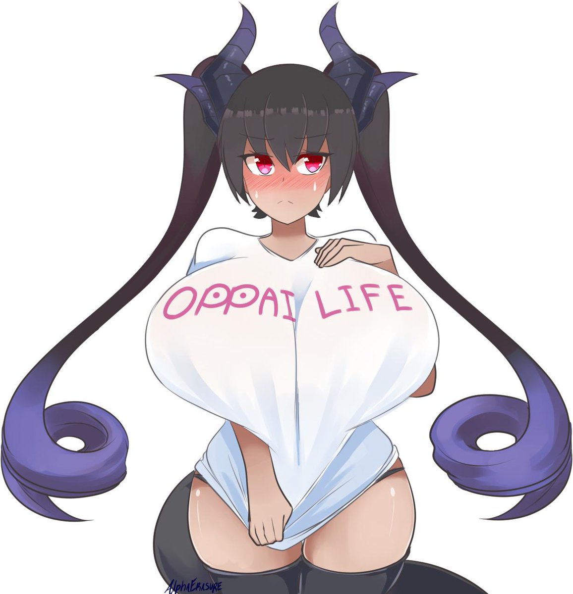 alphaerasure, big breasts, blue hair, blush, breasts, dragon girl, dragon humanoid, female, female only, flustered, horns, huge breasts, malice (alphaerasure), red eyes, thighhighs, twintails