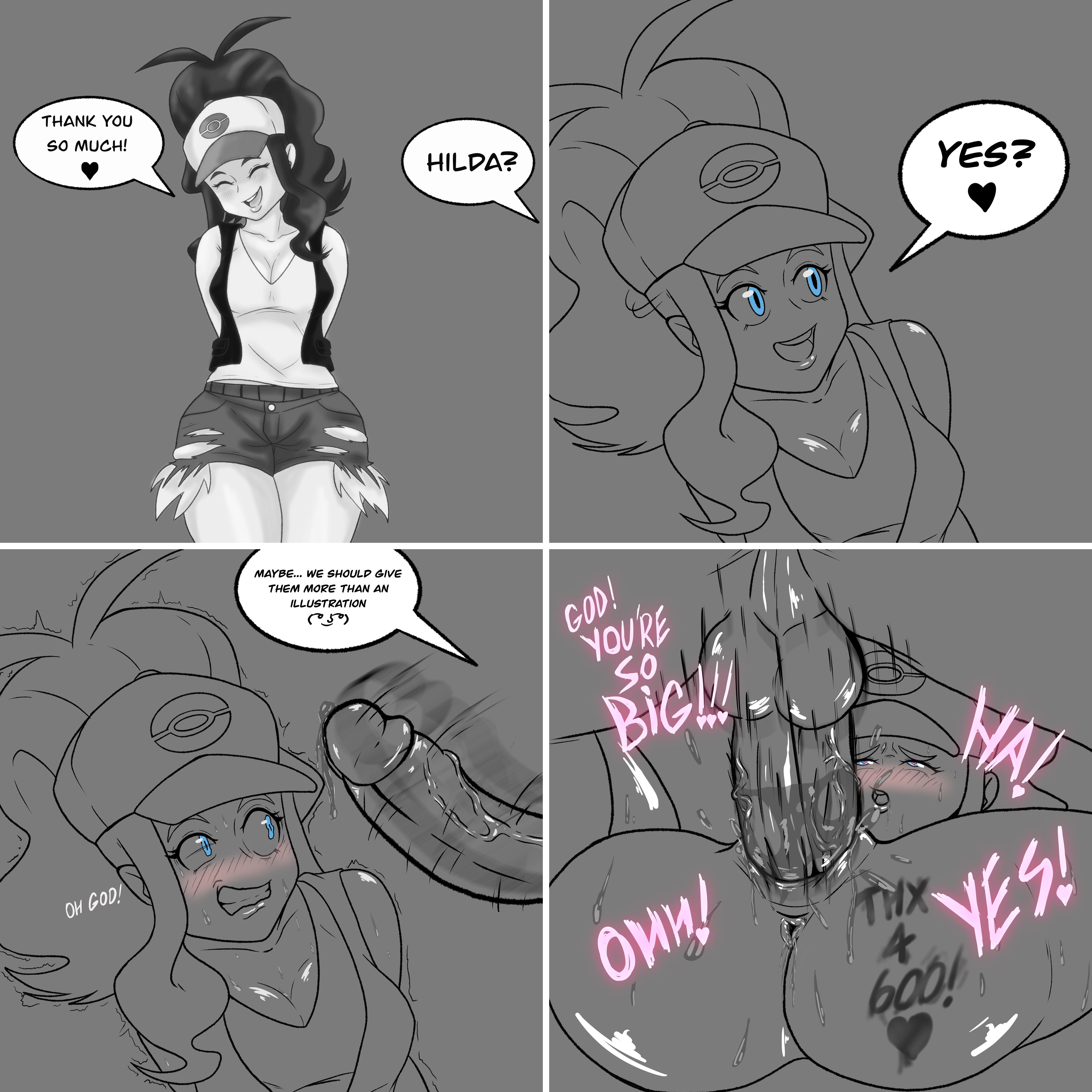 1:1, 1boy, 1girls, anus, ass, backsack, balls, ballsack, bearhotto, big ass, big breasts, big penis, blue eyes, blush, body writing, breasts, clenched teeth, edit, female, female penetrated, genital fluids, greyscale, hat, heart-shaped pupils, hilda (pokemon), instant loss 2koma, large penis, long hair, male, mating press, monochrome, nintendo, partially colored, penis, penis awe, pokemon, pokemon bw, ponytail, precum, pussy, shorts, speech bubble, sweat, tank top, text, trembling, vaginal penetration, vaginal sex, veiny penis