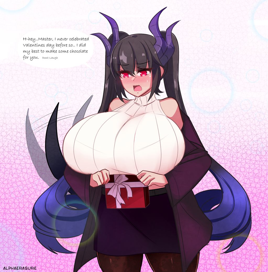 alphaerasure blue_hair blush clothed dragon_girl dragon_humanoid female female_only horns huge_breasts looking_down malice_(alphaerasure) pantyhose red_eyes text thick_thighs valentine's_day wagging