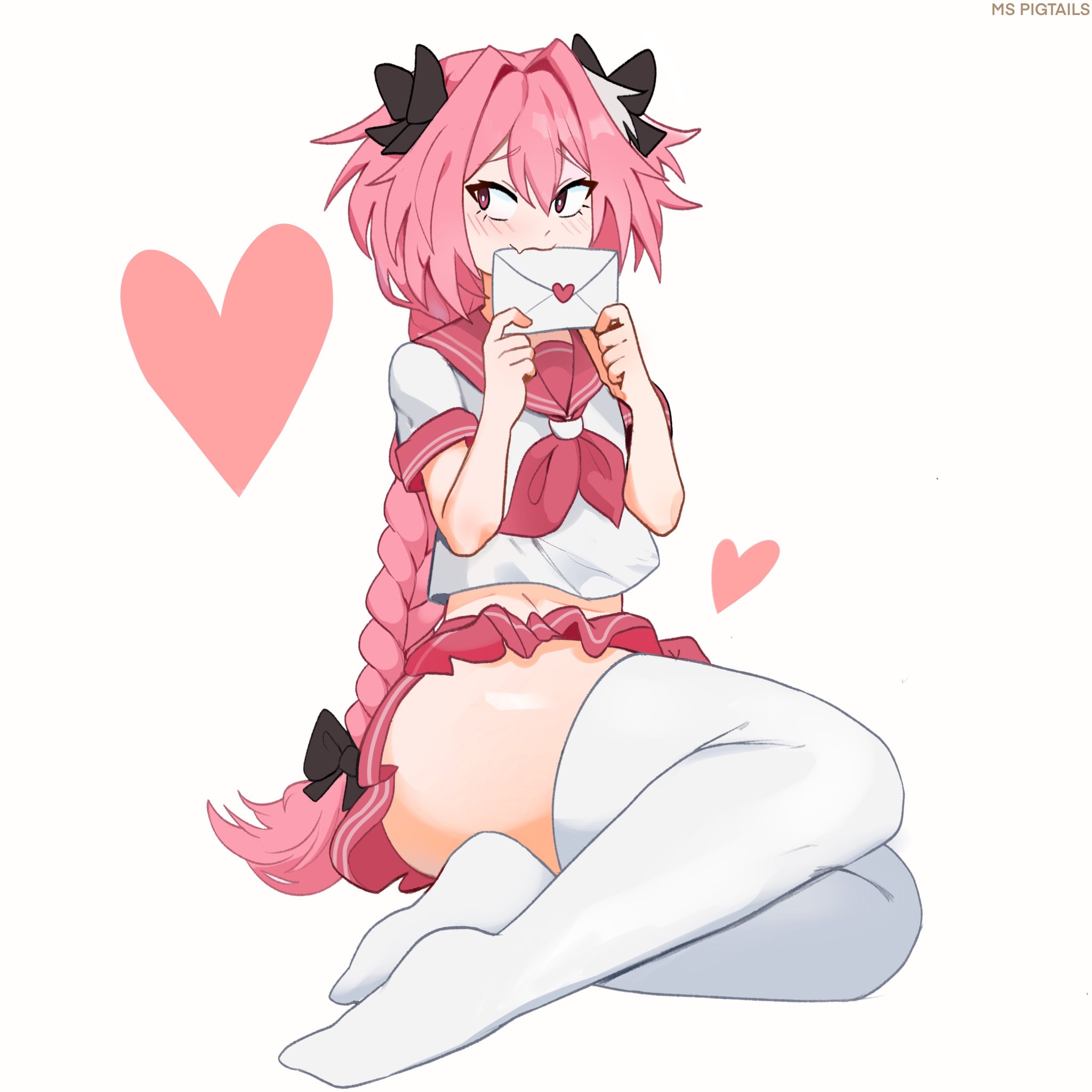 1:1, 1boy, androgynous, astolfo (fate), blush, braided hair, fate (series), fate/grand order, femboy, girly, hair ribbon, heart, huge thighs, legwear, light skin, light-skinned male, long hair, male, male only, miniskirt, ms pigtails, pale skin, pale-skinned male, pink hair, skirt, solo, thick thighs, thighhighs, trap, white background, wide hips
