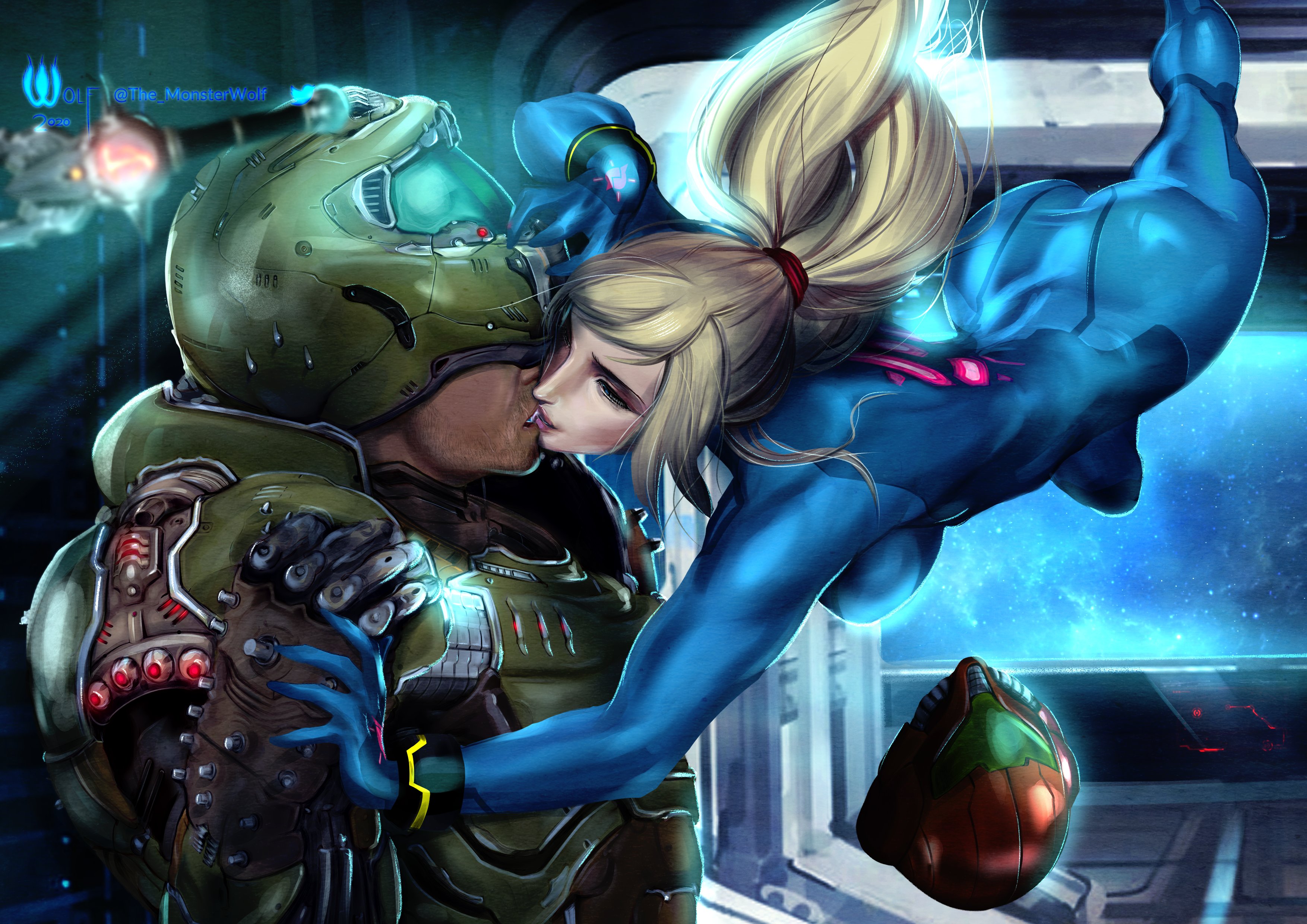 1boy, 1girls, armor, ass, bethesda softworks, blonde hair, bodysuit, crossover, crossover pairing, crossover shipping, doom, doom slayer (doom), eastern and western character, female, helmet, helmet with visor, id software, kissing, love, makeup, male, male/female, metroid, nintendo, ponytail, romantic, samus aran, straight, tagme, the monsterwolf, varia suit helmet, wholesome, zero gravity, zero suit, zero suit samus