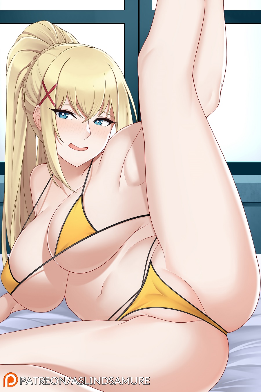 1girls, arm up, armpits, aslindsamure, bangs, banned artist, bare shoulders, bed sheet, bikini, blonde female, blonde hair, blue eyes, braid, breasts, commentary, darkness (konosuba), english commentary, female, hair between eyes, hair ornament, heart, heart-shaped pupils, high ponytail, highres, kono subarashii sekai ni shukufuku wo!, leg up, long ponytail, multi-strapped bikini, open mouth, sidelocks, solo, spread legs, strap gap, swimsuit, symbol-shaped pupils, thighs, underboob, window, x hair ornament, yellow bikini