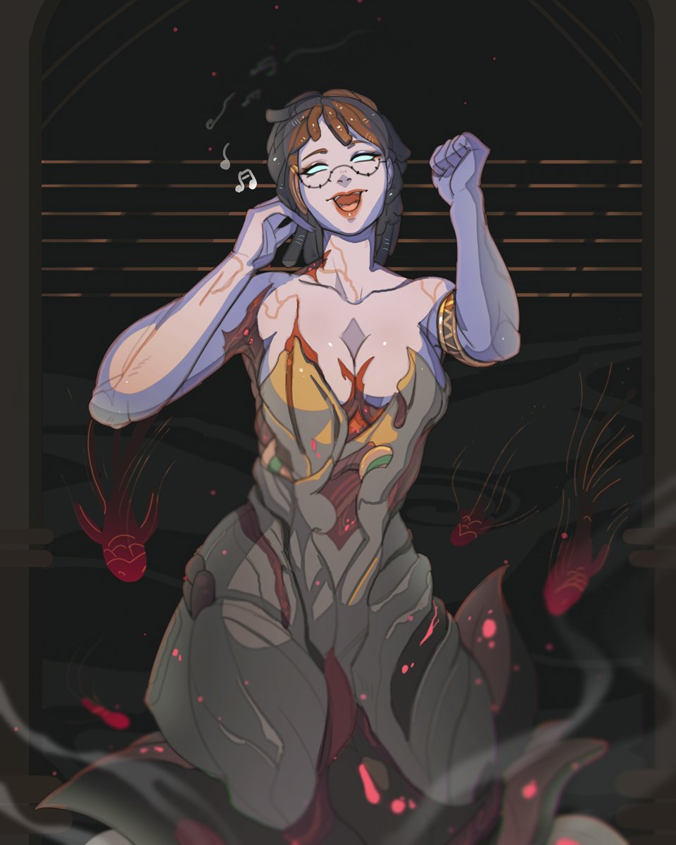 blue skin, cleavage, daughter (warframe), female, glasses, open mouth, smile, warframe, zilvtree