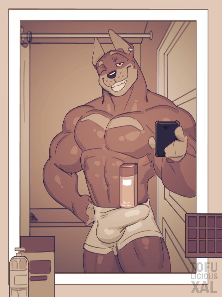 2020 3:4 anthro balls_outline bathroom big_bulge big_muscles big_penis briefs bulge canid canine canis cellphone clothed clothing dobermann domestic_dog ear_piercing ear_ring genital_outline genitals grin humanoid_hands male male_only mammal meme muscular muscular_anthro muscular_male one_eye_closed penis penis_outline phone piercing pinscher selfie shampoo_challenge smile solo tofuxal topless underwear wink