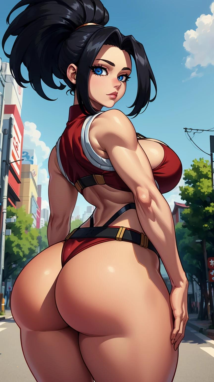 1girls ai_generated artist_request athletic athletic_female big_ass big_breasts blue_eyes boku_no_hero_academia exhibitionism exhibitionist female_only hero_outfit_(mha) heroine huge_ass looking_at_viewer momo_yaoyorozu my_hero_academia pronounced_browridge solo thong thong_underwear visible_underwear voluptuous voluptuous_female