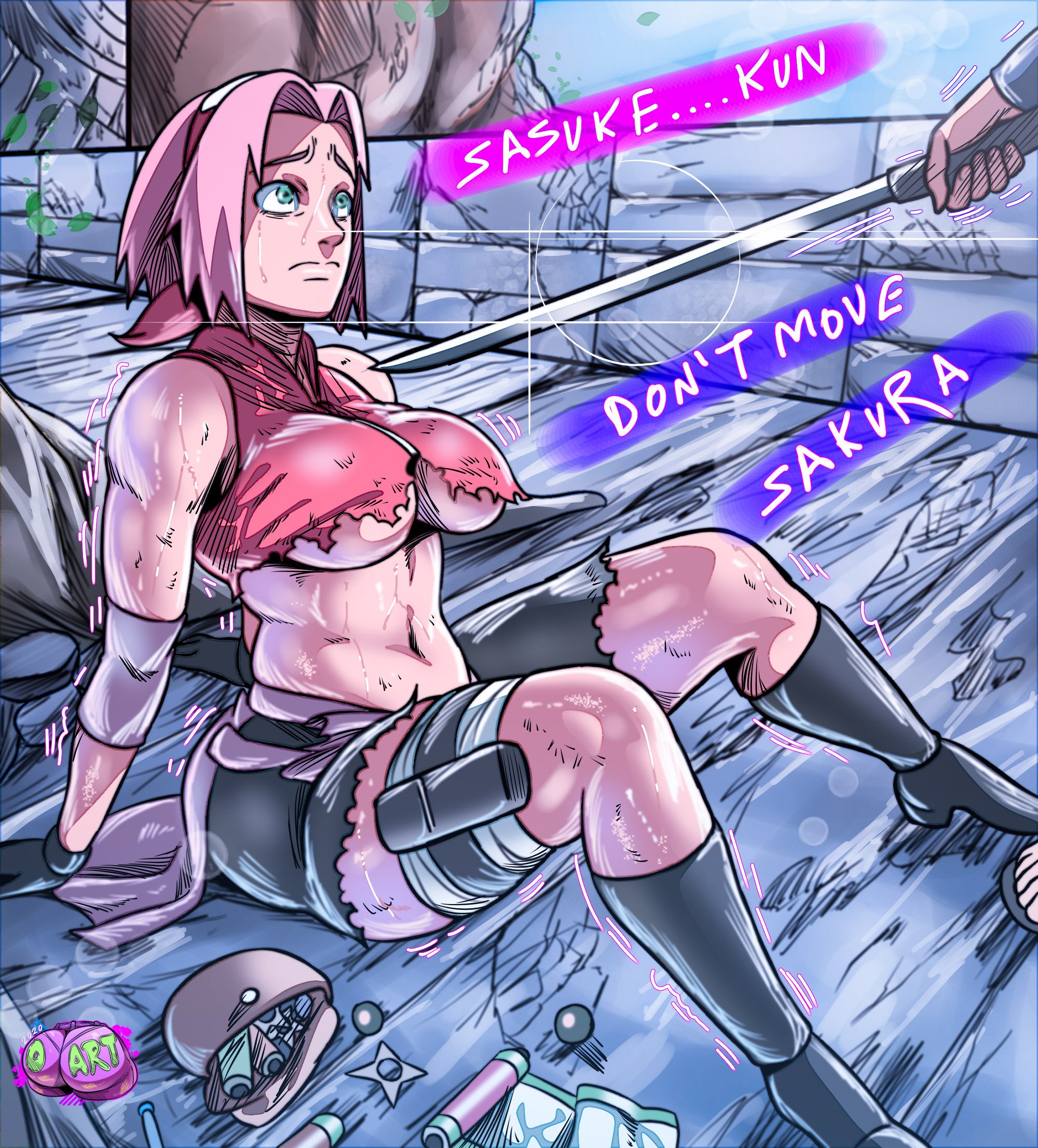 1boy, 1girls, artist logo, bike shorts, breasts, d-art, elbow gloves, female, green eyes, headband, heels, male, medium breasts, naruto, naruto (series), naruto shippuden, partially clothed, pink hair, ripped clothing, sakura haruno, sasuke uchiha, short hair, straight, sword, text, underboob