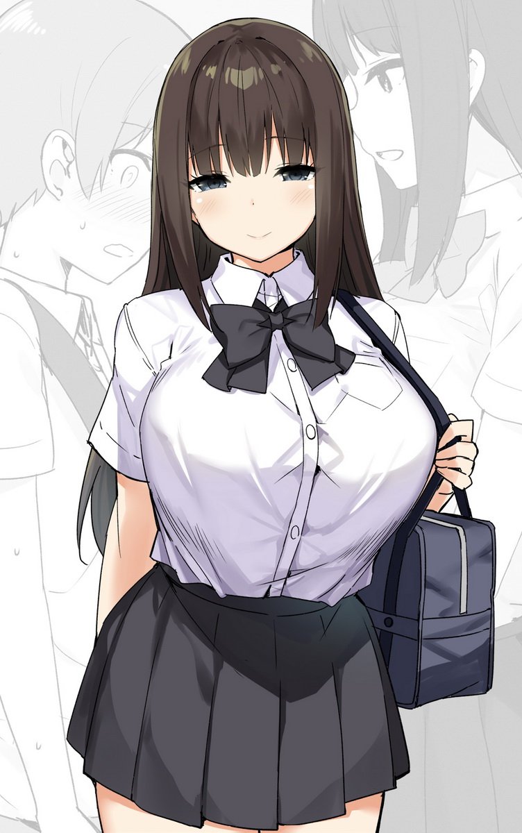 bag big_breasts bowtie brown_hair joshi_kōsei_rich_thots long_hair original school_uniform schoolgirl sidelocks_onee-san_(shinjiro) skirt sky_(freedom) smile thick_thighs