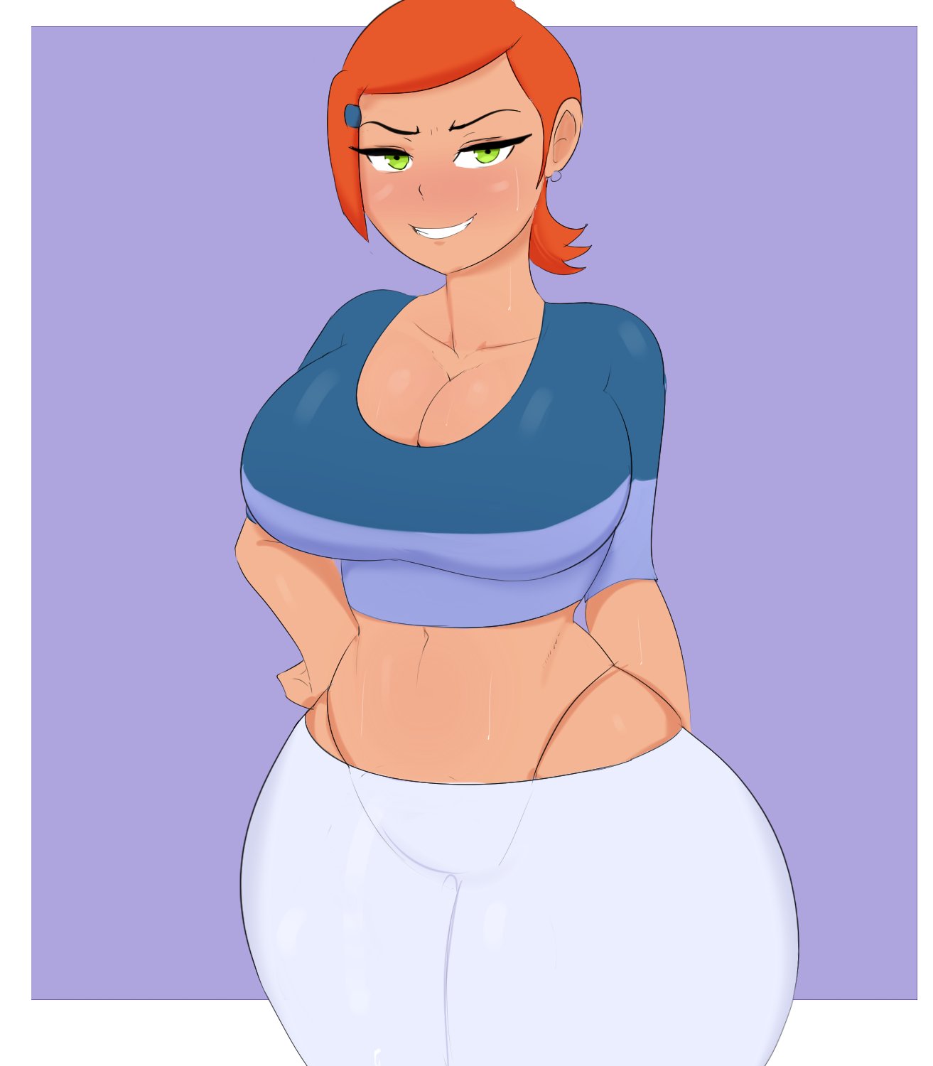 1girls, aged up, alternate breast size, alternate version available, bedroom eyes, ben 10, ben 10 (classic), big breasts, breasts, busty, cartoon network, child bearing hips, clothing, curvy figure, earrings, female, female only, g3mma, green eyes, gwen tennyson, gwen tennyson (classic), huge breasts, large breasts, midriff, navel, orange hair, pants, short hair, smile, solo, sweat, thick thighs, thighs, voluptuous, wide hips