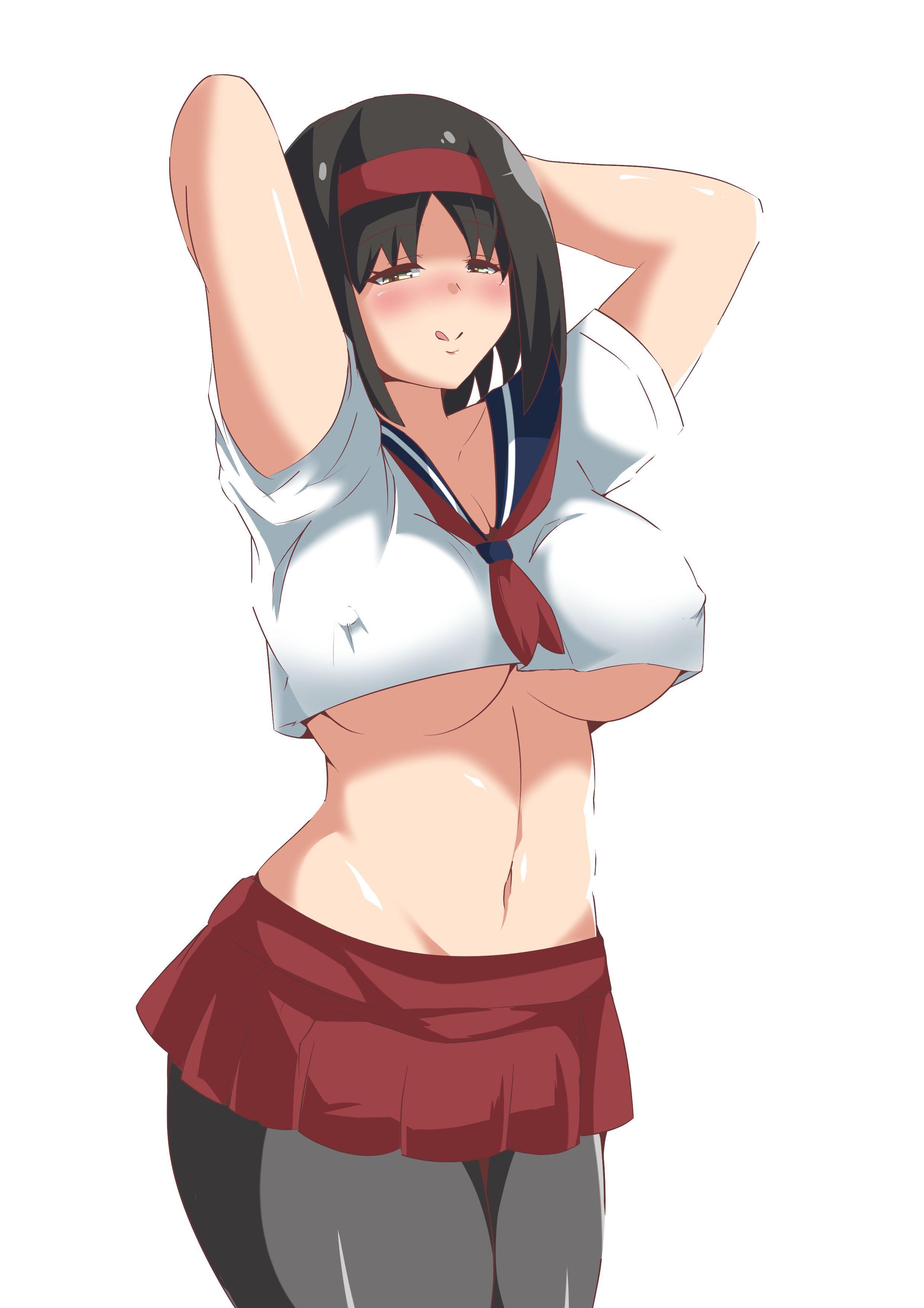 :p, 1girls, areola slip, big breasts, black hair, blush, breasts, cielr18, crop top, erika (pokemon), female, hairband, high resolution, large breasts, light skin, light-skinned female, medium hair, nintendo, pale skin, pale-skinned female, pantyhose, pokemon, pokemon rgby, school uniform, thick thighs, tight clothing, underboob, white background, wide hips