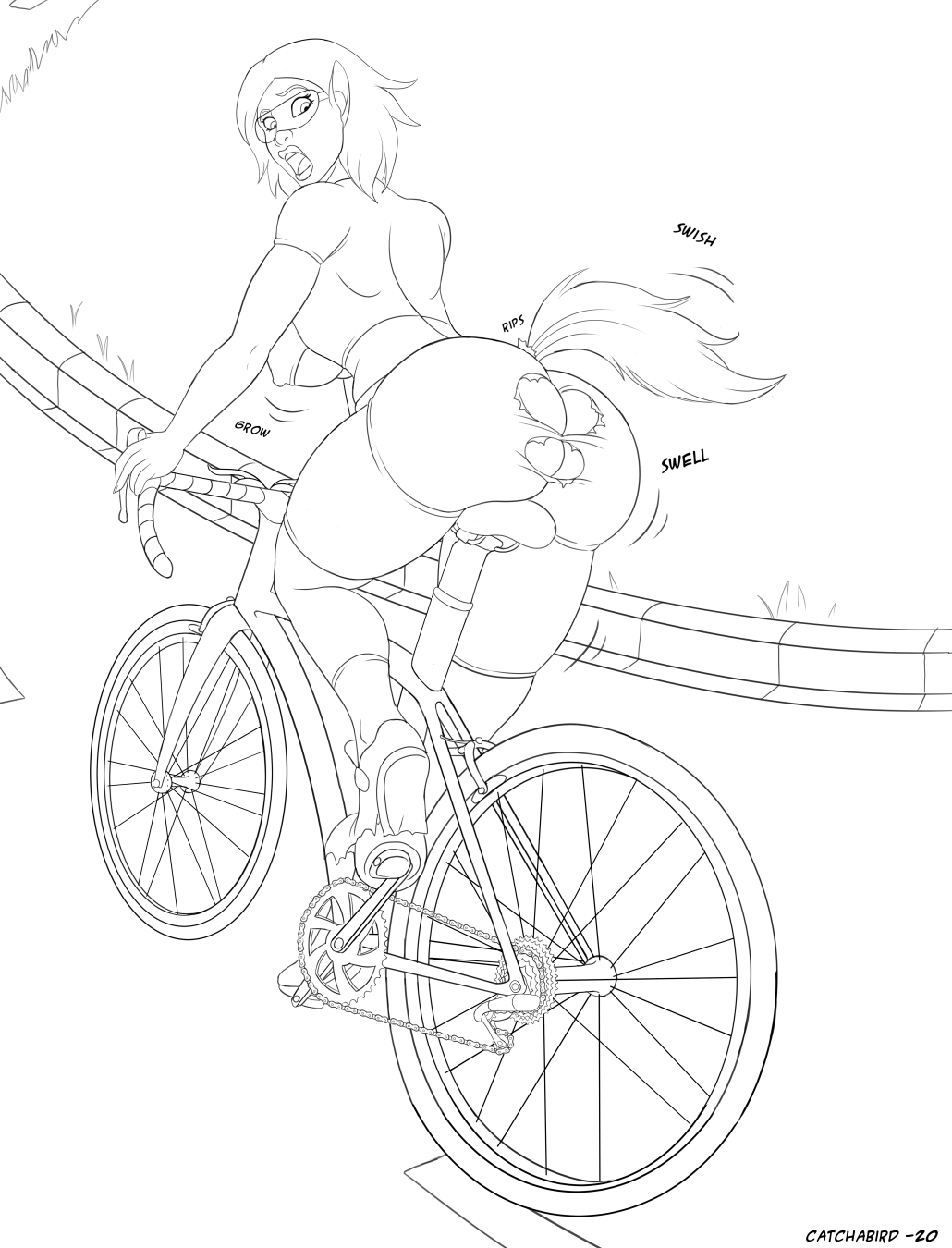 ass_cleavage ass_expansion bicycle big_ass breast_expansion butt_crack catchabird horse looking_back monochrome race ripped_clothing shocked torn_shoes transformation