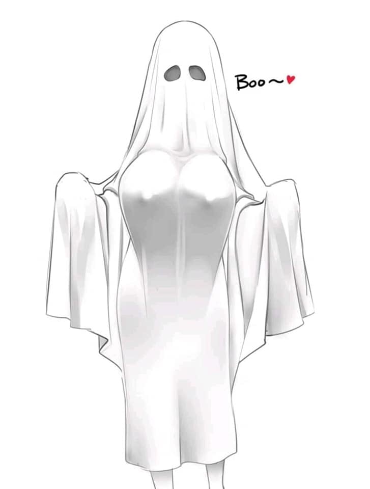 bedsheet_ghost big_breasts ghost_costume ghost_girl halloween_costume horror huge_breasts large_breasts monster monster_girl nipple_bulge saya_(twrlare) text twrlare