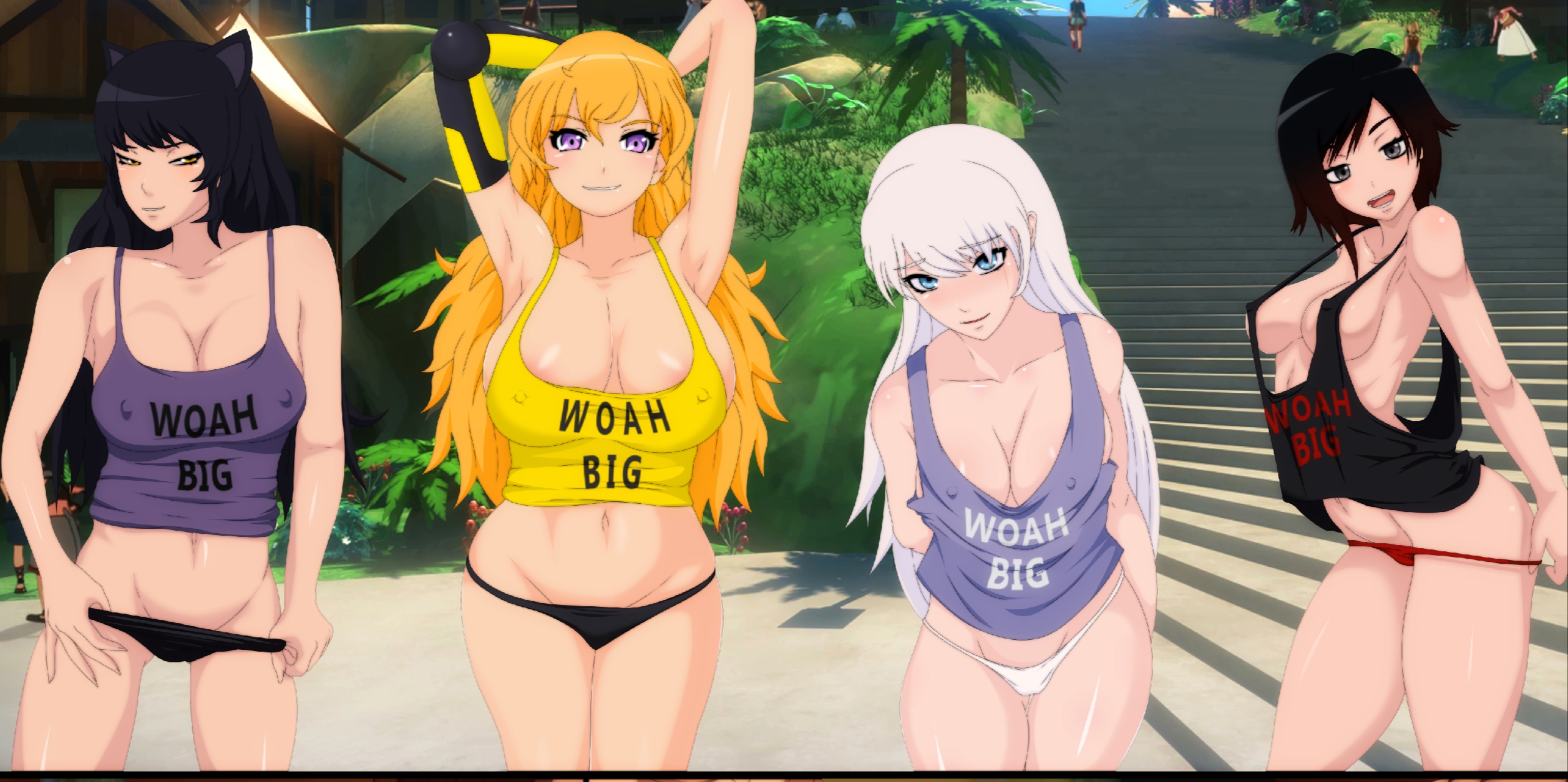 4girls, armpits, arms behind head, big breasts, blake belladonna, breasts, busty, cleavage, clothing, english text, faunus, female, female only, hard nipples, human, large breasts, looking at viewer, midriff, multiple females, multiple girls, navel, neeba, nipples, panties, panties down, pose, posing, prosthetic, prosthetic arm, public, robotic arm, ruby rose, rwby, sensual, tank top, team rwby, teasing, text, weiss schnee, yang xiao long