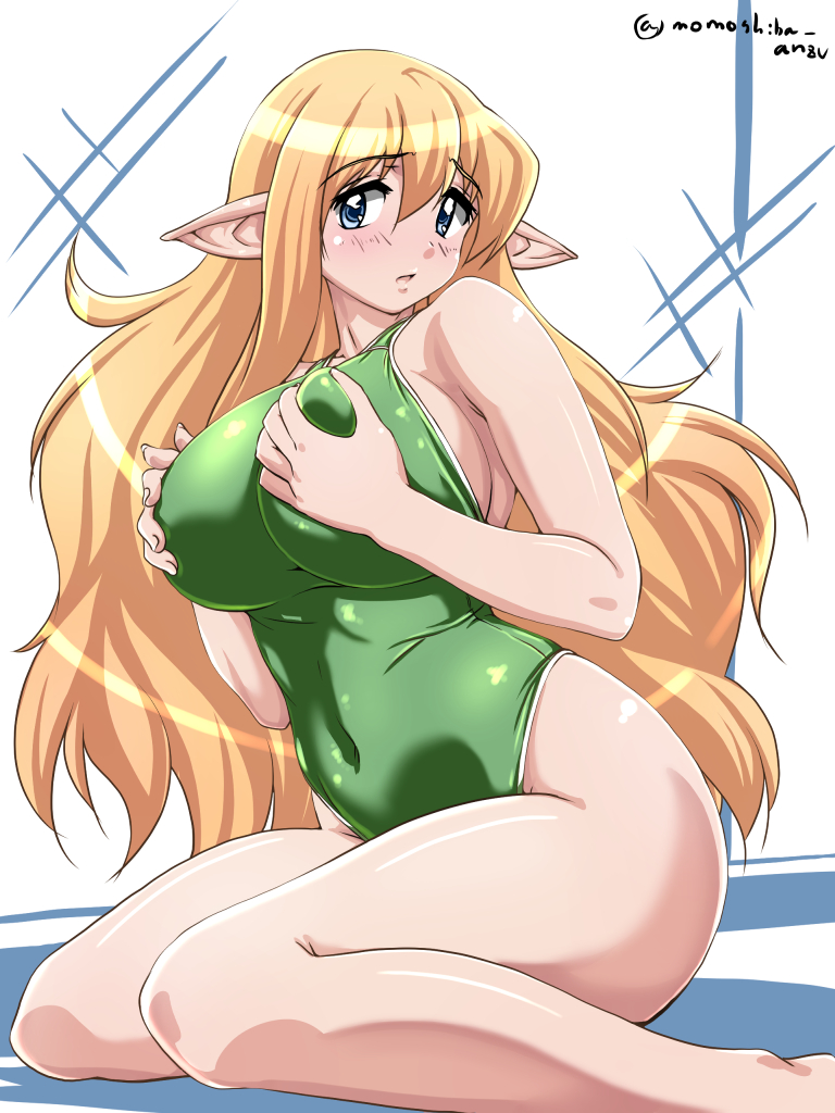 1girls big_breasts blonde blonde_hair blue_eyes blush breasts busty elf elf_ears elf_female eyebrows_visible_through_hair female female_only grabbing_own_breast green_swimsuit large_breasts light-skinned_female light_skin long_ears long_hair looking_away looking_to_the_side momoshiba one-piece_swimsuit pointy_ears sitting skintight solo solo_female swimsuit tagme thick_thighs thighs tiffania_westwood yellow_hair zero_no_tsukaima