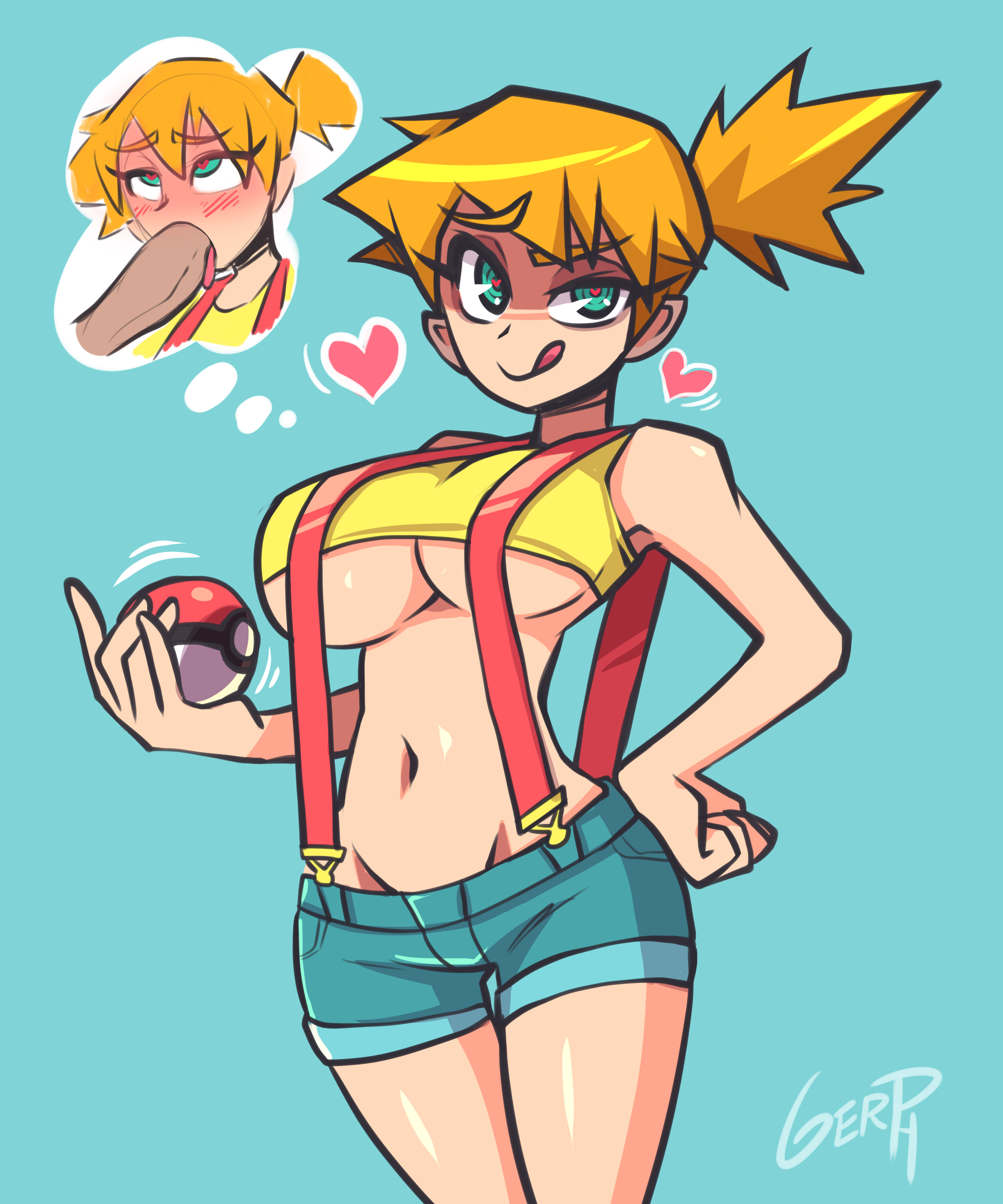 1boy, 1girls, alternate breast size, alternative bust size, asymmetrical hair, bare shoulders, belly, blush, breasts, cleavage, curvaceous, daydream, denim, duo, erection, eyelashes, faceless male, fellatio, female, female focus, gerph, green eyes, hand on hip, hand on own hip, heart, heart-shaped pupils, high resolution, holding, holding object, holding poke ball, human, kasumi (pokemon), large breasts, looking at viewer, male, midriff, misty (pokemon), naughty face, navel, nintendo, no bra, open mouth, oral, orange hair, penis, poke ball, pokemon, pokemon (anime), pokemon rgby, ponytail, shiny, shiny skin, shirt, short hair, short ponytail, shorts, side ponytail, simple background, smile, solo focus, straight, suspenders, symbol-shaped pupils, tank top, thigh gap, thin waist, thinking, tied hair, tongue, tongue out, uncensored, underboob, very high resolution, watermark
