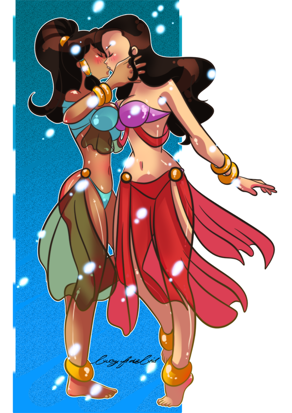 2girls anklet asami_sato avatar_legends avatar_the_last_airbender bangle barefoot belly belly_dancer belly_dancer_outfit black_hair blush bracelet brown_hair canon_couple chocolate_and_vanilla cleavage clothing curvy dancer dancer_outfit dancing dark-skinned_female female female_only full_body harem harem_girl harem_outfit harem_pants human interracial kissing korra large_breasts light-skinned_female long_hair lufidelis multiple_girls navel nickelodeon ponytail strapless strapless_bra symmetrical_docking the_legend_of_korra tiptoes voluptuous water_tribe yuri