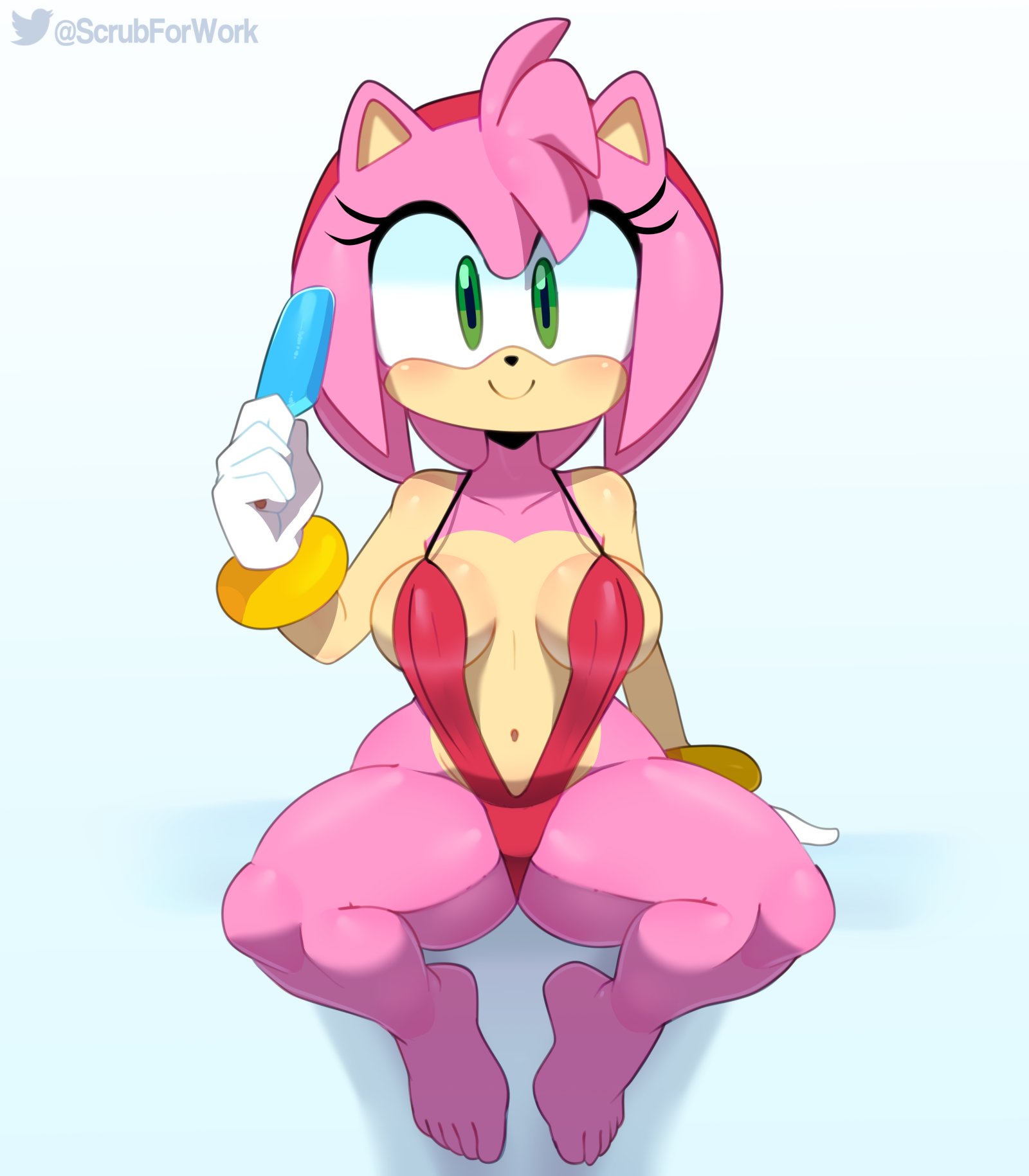 1girls, amy rose, anthro, barefoot, big breasts, breasts, cleavage, feet, female, female only, furry, large breasts, looking at viewer, solo, somescrub, sonic (series), sonic team, sonic the hedgehog (series), spread legs, toes