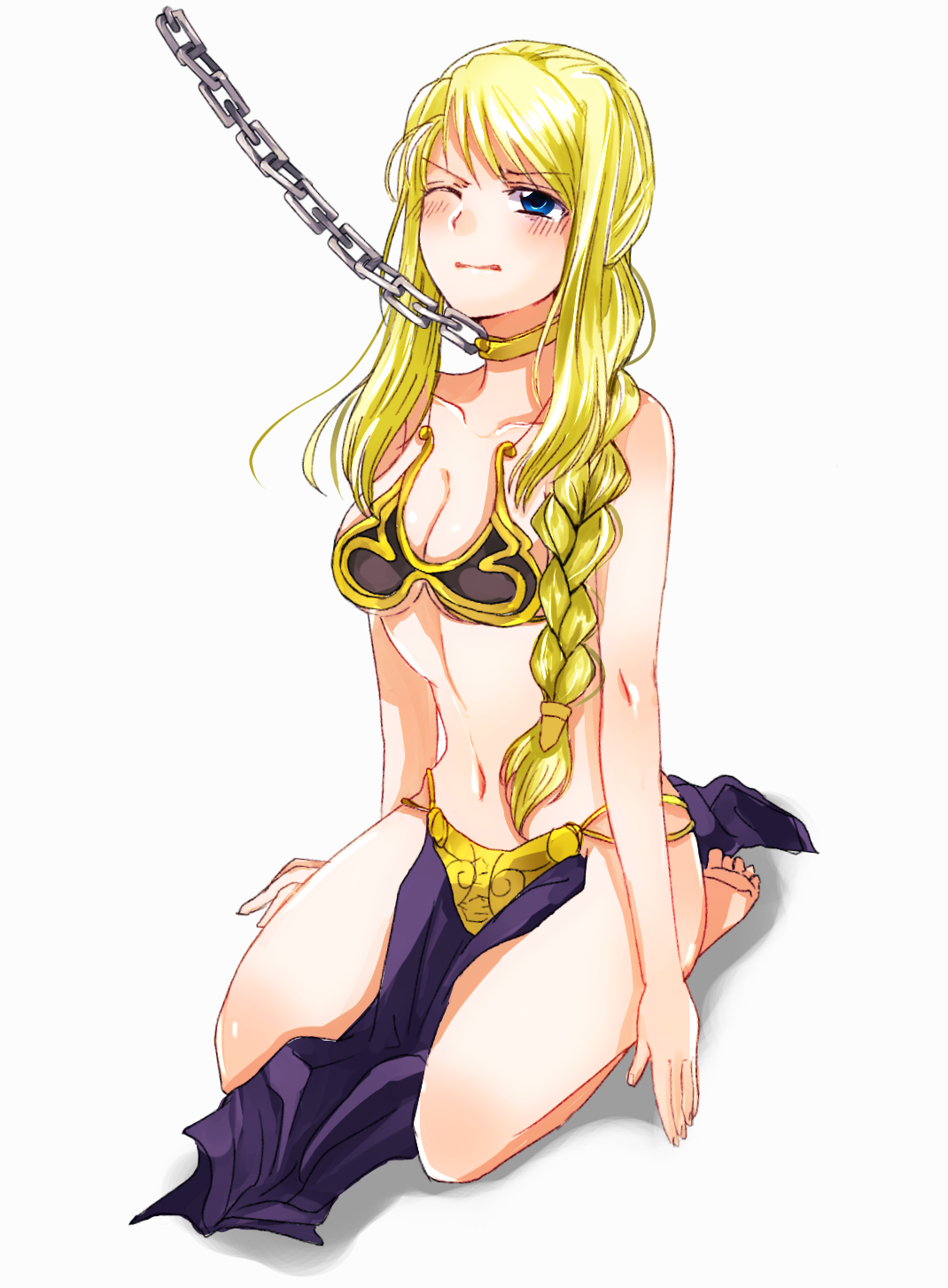 barefoot, belly, belly dancer, belly dancer outfit, blonde hair, blue eyes, blush, braid, braided hair, breasts, chain leash, chained, chains, cleavage, collar, cosplay, crossover cosplay, female, female only, femsub, fullmetal alchemist, harem girl, harem outfit, kneeling, large breasts, loincloth, metal collar, one eye closed, revealing clothes, slave, slave bikini, slave collar, slave girl, slave leia (cosplay), slave outfit, star wars, submissive female, town (artist), voluptuous, winry rockbell