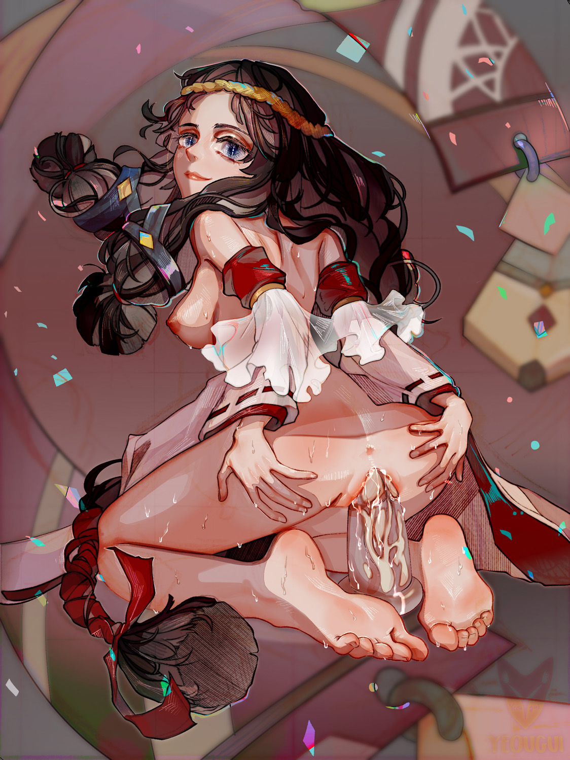 ass, barefoot, dildo, dildo in pussy, feet, female, female masturbation, female only, long hair, looking at viewer, looking back, masturbation, onmyoji, ponytail, pussy, pussy juice, sex toy, solo, solo female, spread ass, spreading, vaginal penetration, yaobikuni (onmyoji), yeougui