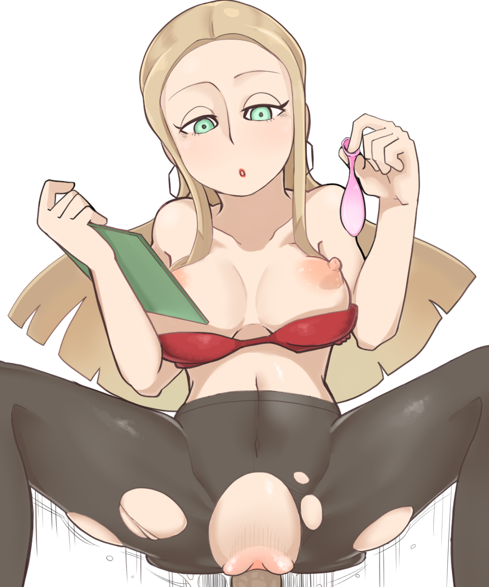 1boy 1girls areolae big_breasts blonde_hair breasts condom_balloon cum cum_in_condom dark-skinned_male dark_skin earrings filled_condom green_eyes long_hair nintendo nipples no_pubic_hair oleana_(pokemon) pale-skinned_female pale_skin pantyhose pokemon pokemon_ss ripped_pantyhose shinsutebachi spread_legs thick_thighs thighs used_condom vaginal_penetration vaginal_sex