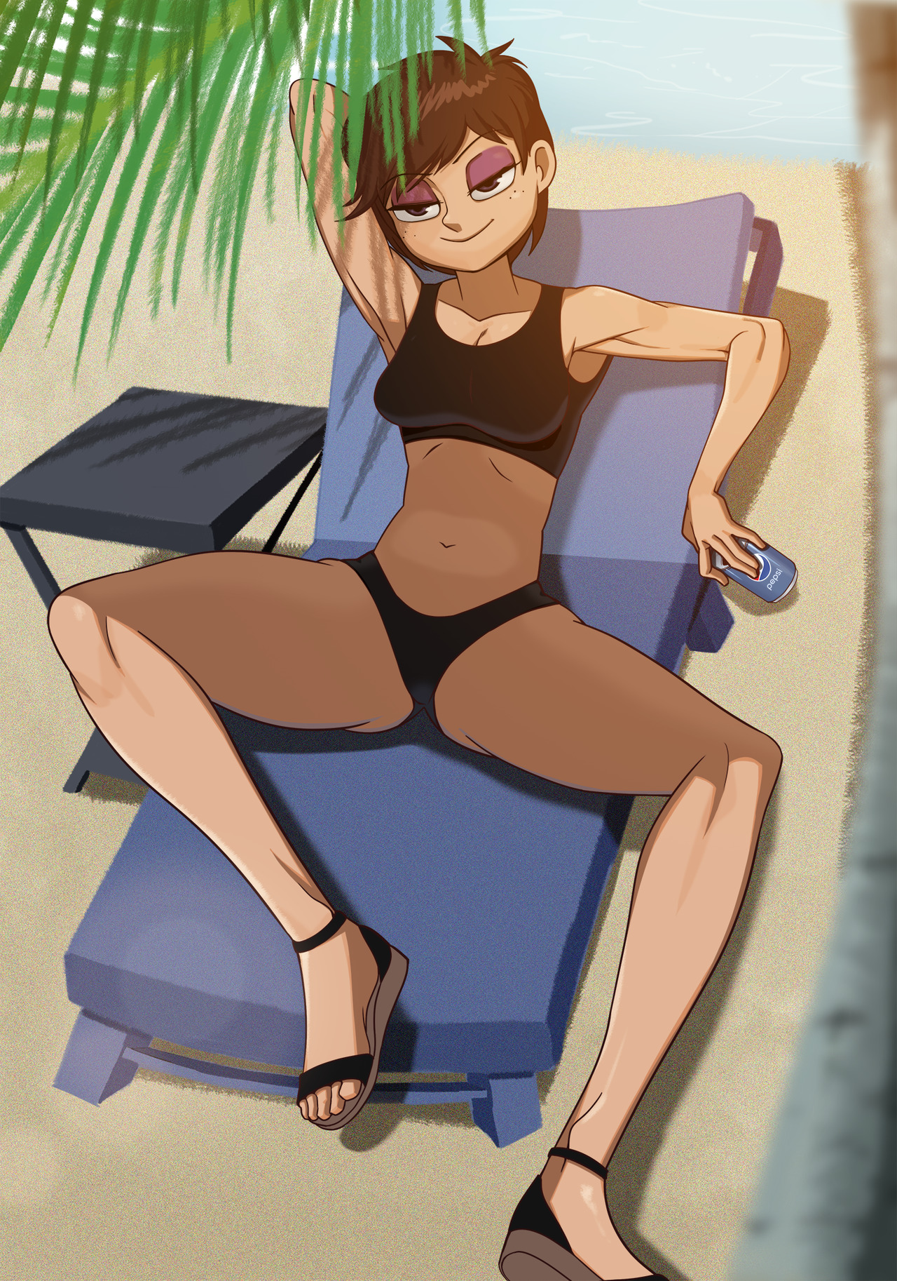1girls, armpits, arms up, beach, bikini, breasts, brown eyes, brown hair, chair, cleavage, feet, female, female only, freckles, half-closed eyes, holding object, legs, luna loud, midriff, sand, sandals, shoes, short hair, smile, solo, solo female, solo focus, spread legs, spreading, swimsuit, swimwear, table, the loud house, thick thighs, thighs, toes, water tribe