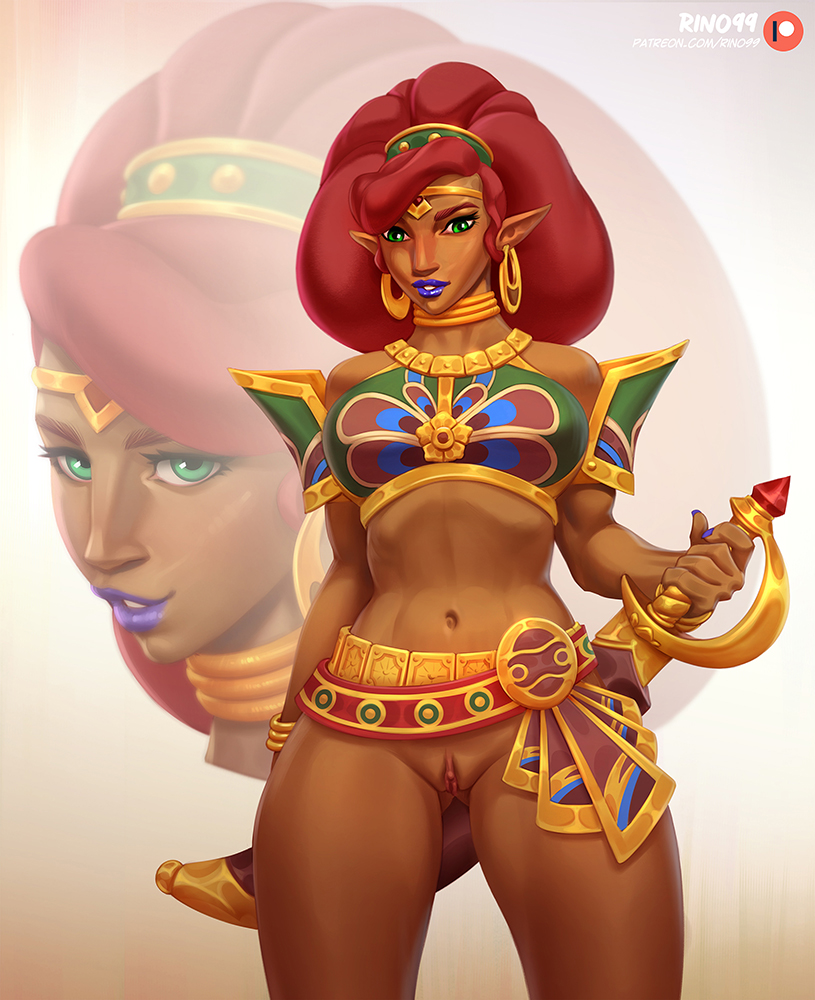 1girls, abs, big breasts, big clitoris, breasts, breath of the wild, clitoris, dark skin, dark-skinned female, female, female only, gerudo, hairless pussy, hips, lips, looking at viewer, plump labia, pussy, rino99, solo, tan skin, tan-skinned female, the legend of zelda, thick thighs, thighs, urbosa, wide hips