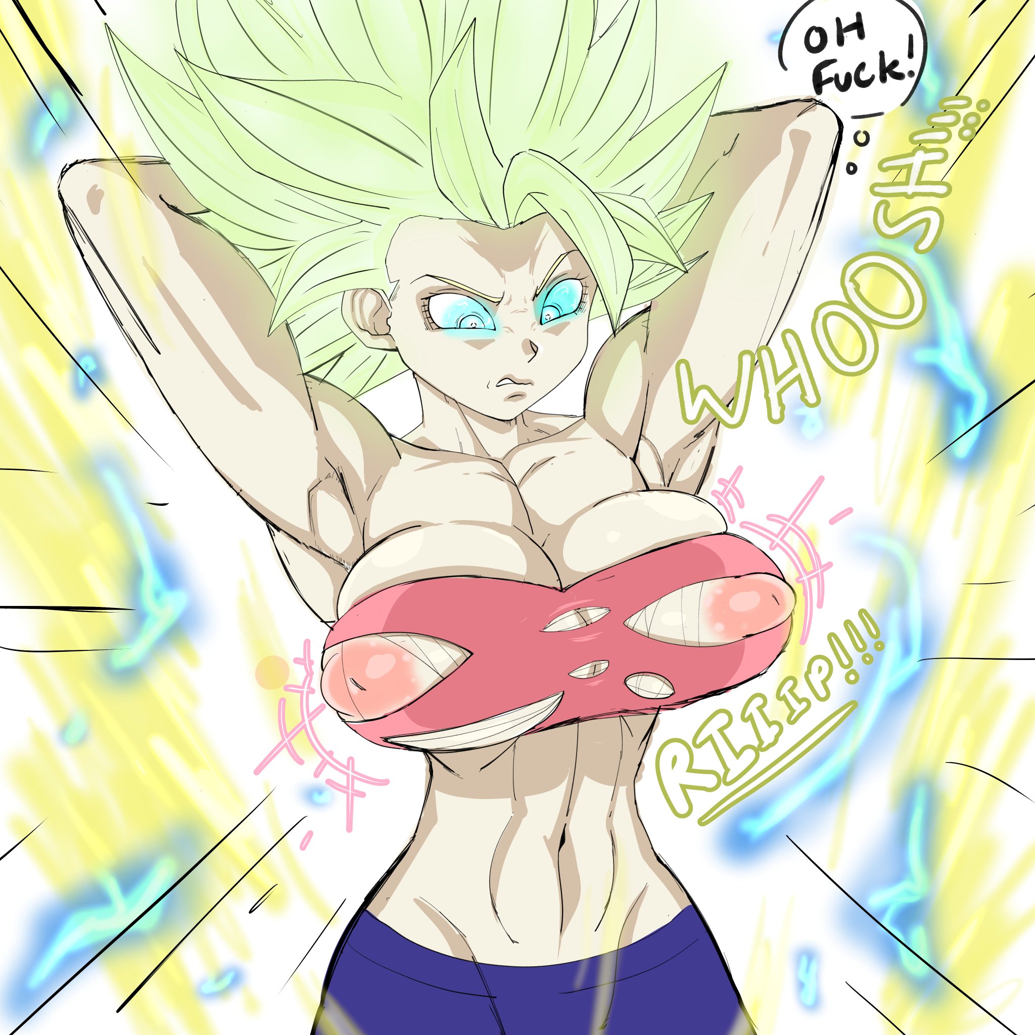 1girls, armpits, arms behind head, arms up, aura, big breasts, black hair, blonde hair, breast enlargement, breast expansion, breast growth, breast growth (enlargement), breast inflation, breasts, breasts bigger than head, caulifla, dragon ball, dragon ball super, electricity, expansion, female, green eyes, implied expansion, light skin, light-skinned female, pseudocel, saiyan, short hair, shounen jump, spiky hair, super saiyan, super saiyan 2, tube top, tubetop, universe 6 saiyan/universe 7 saiyan, universe 6/universe 7