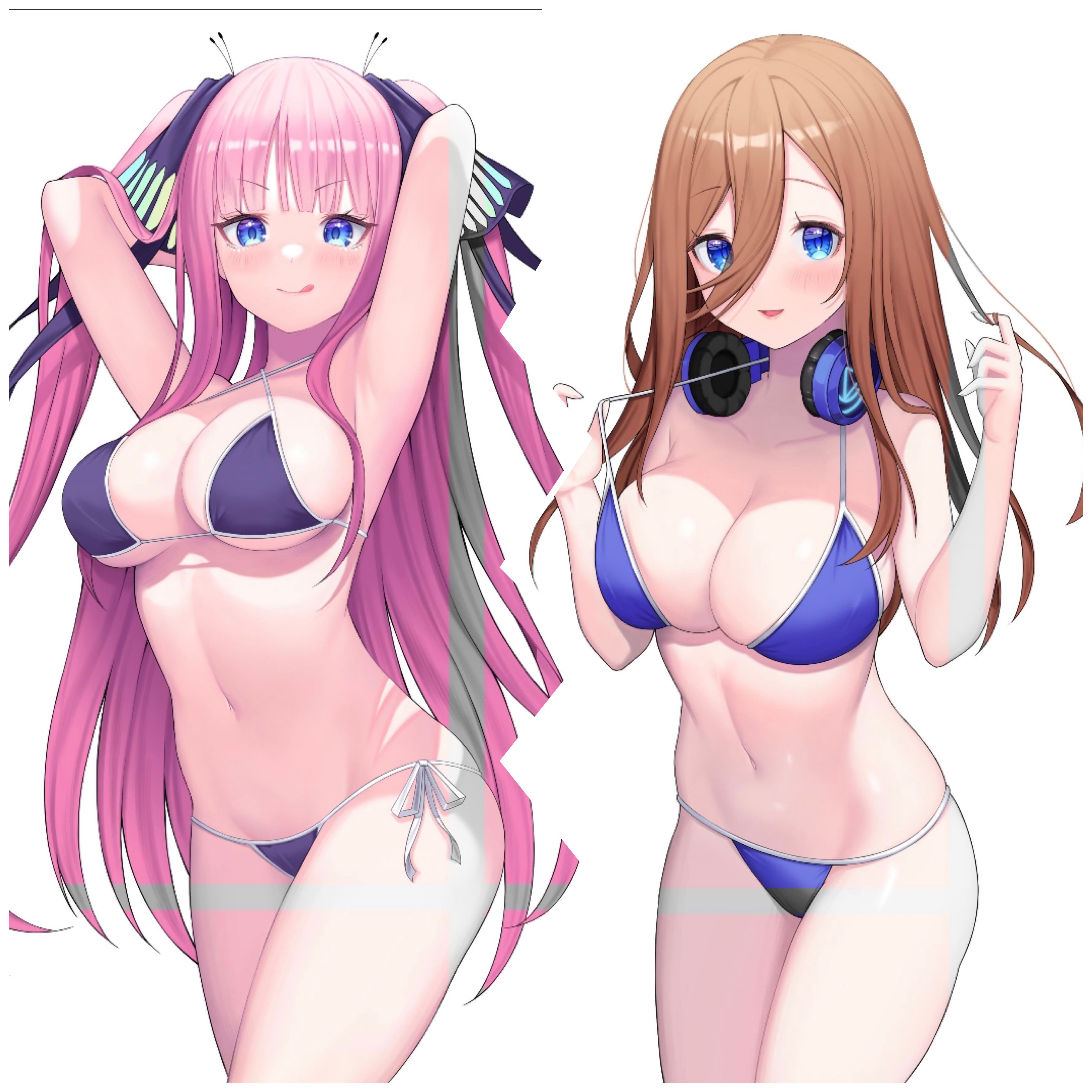 2girls, bikini, breasts, busty, cleavage, female, female only, go-toubun no hanayome, multiple females, multiple girls, nakano miku, nakano nino, pink hair, pose, sisters, swimsuit, teenager