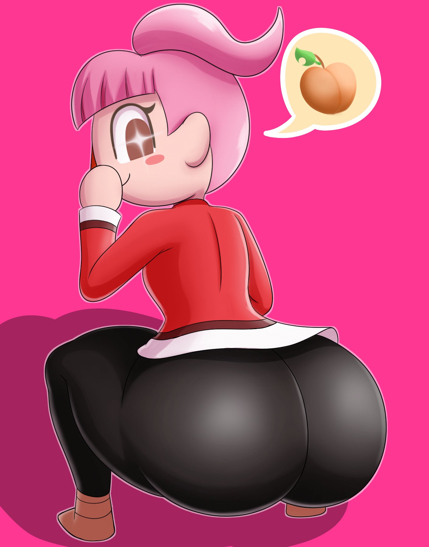 1girls, animal crossing, animal crossing girl, ass, big ass, bottom heavy, brown hair, female, huge ass, large ass, light skin, light-skinned female, massive ass, mechspazer, nintendo, only player, pale skin, pale-skinned female, pants, pink hair, speech bubble, squatting, tight pants, unusual anatomy, unusual eyes, unusual pupils, villager (animal crossing)