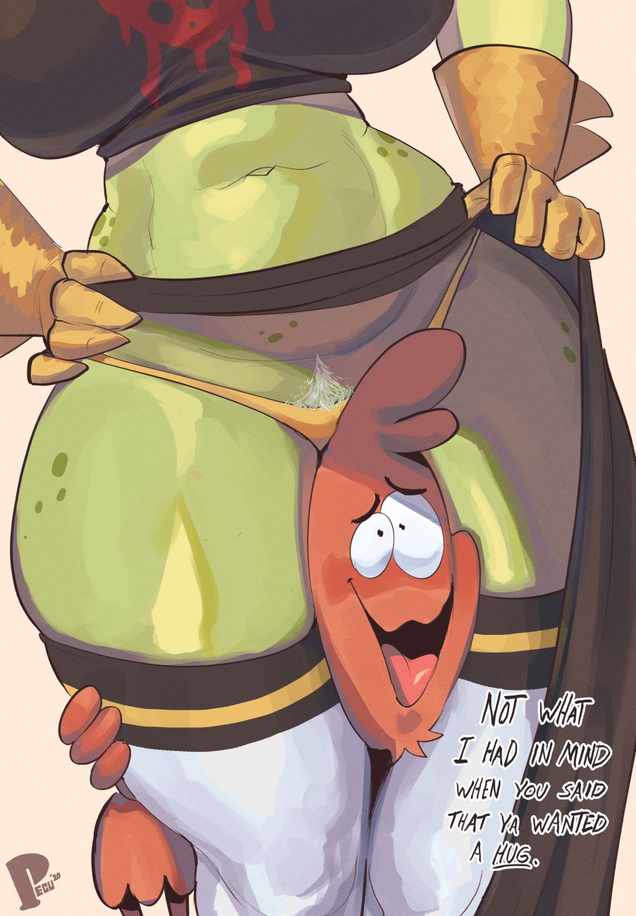 1girls, between thighs, big breasts, breasts, disney, female, femdom, green skin, large breasts, lord dominator, male, panties, peculiart, pubic hair, text, thick thighs, wander (wander over yonder), wander over yonder, wide hips, yellow panties