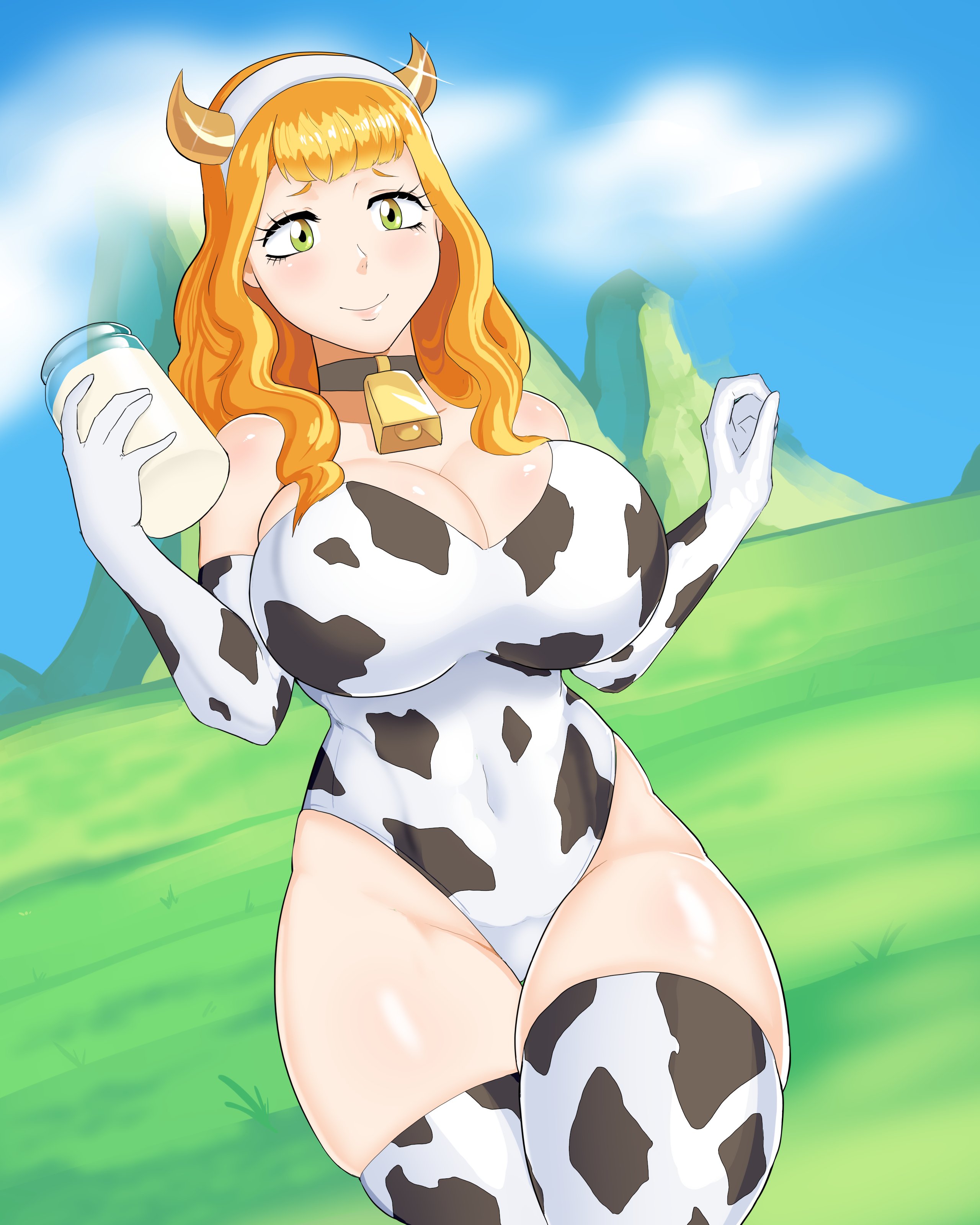 abs, animal ears, bemm, big breasts, big thighs, black clover, breasts, cow girl, cow print, fake horns, female, linkxs, milk, milk bottle, mimosa vermillion, muscular, muscular female, orange hair, tagme, thick, thick thighs