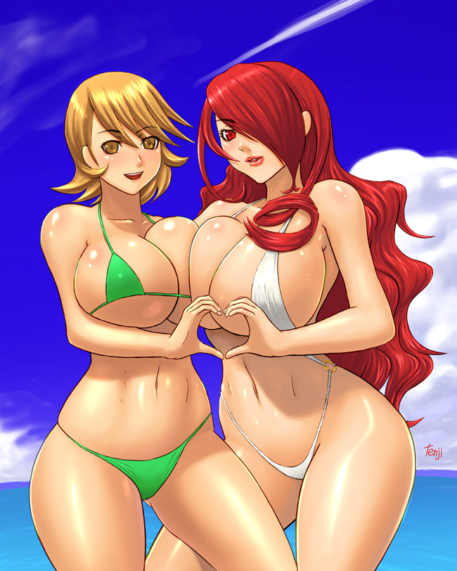 2girls atlus big_breasts bikini female/female female_focus female_only long_hair looking_at_viewer mitsuru_kirijo nipples persona persona_3 sega short_hair tenji yukari_takeba yuri