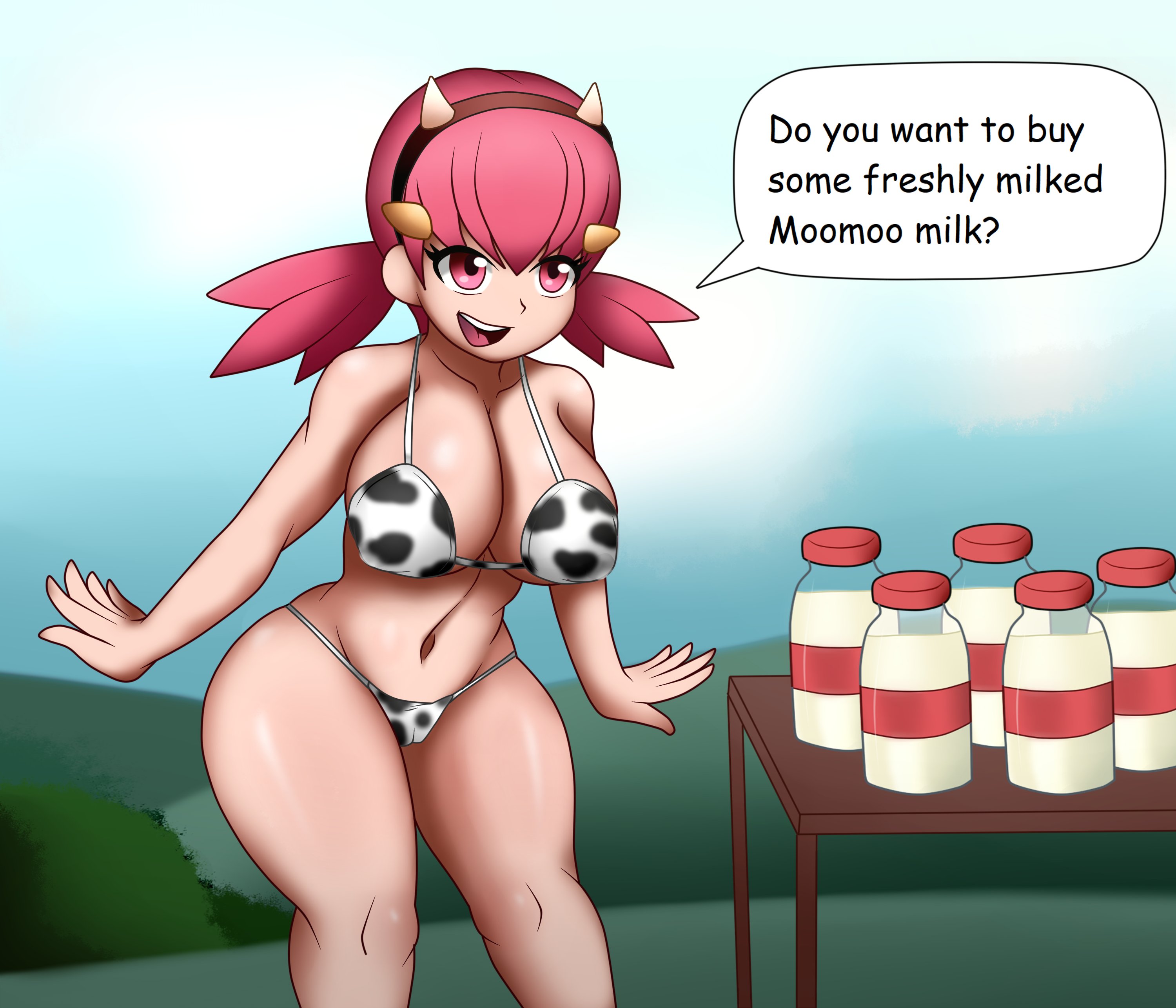 bikini, cow horns, cow print, cucarachaaa, female, lactating, lactation, milk, milk bottle, nintendo, pink eyes, pink hair, pokemon, pokemon gsc, speech bubble, tagme, text, whitney (pokemon)