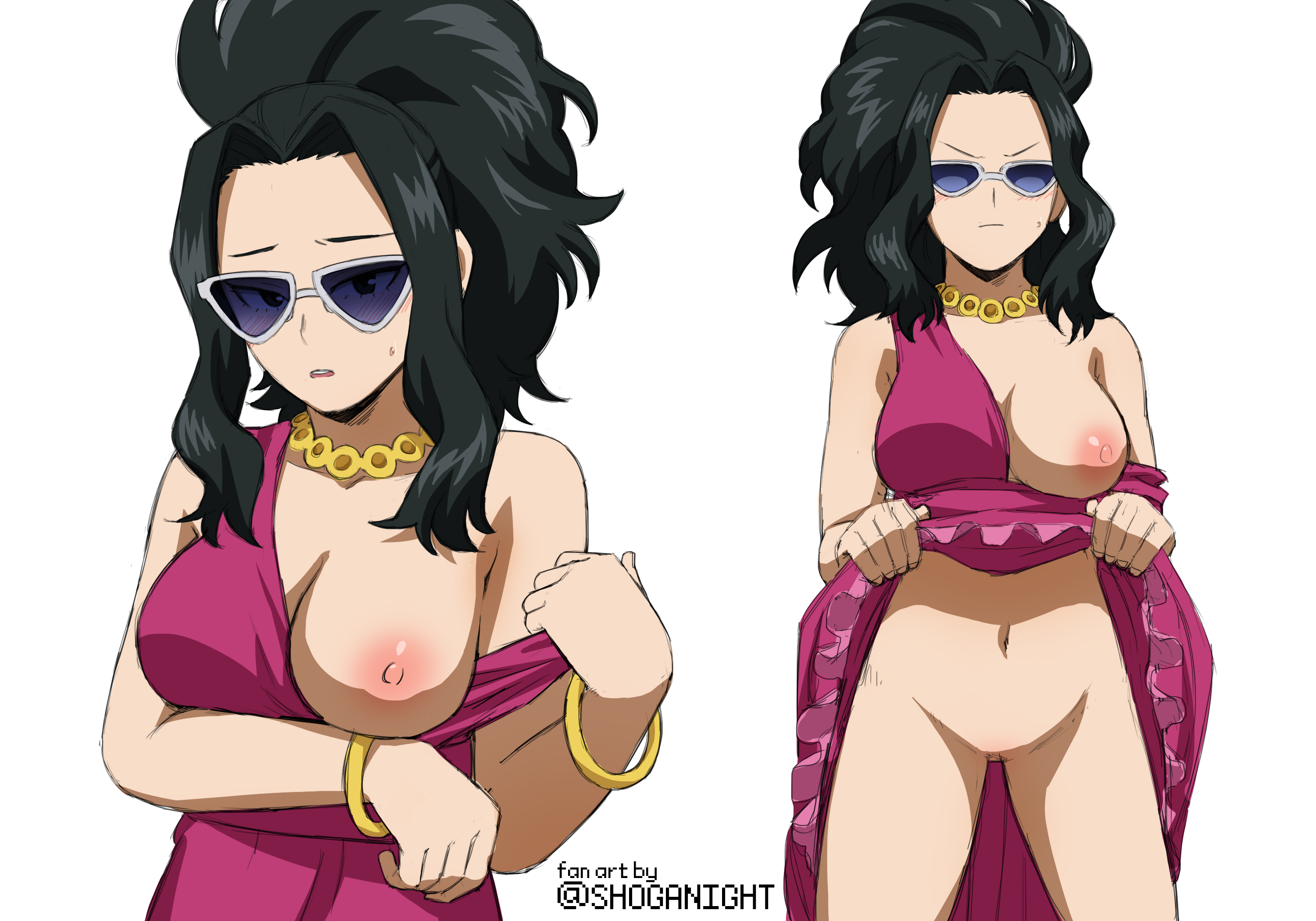 1girls, accurate art style, big breasts, black glasses, black hair, black-haired female, blue-tinted eyewear, blush, bottomless, bracelets, breast outside, breasts, dress, dress lift, female, female only, hairless pussy, lifting dress, lifting skirt, long hair, looking at viewer, momo yaoyorozu, my hero academia, necklace, nipples, no bra, no panties, official alternate costume, official style, one breast out, purple-tinted eyewear, pussy, shaved pussy, shoganight, showing pussy, solo, solo female, sunglasses, sweat, tight pussy, tinted eyewear, vagina