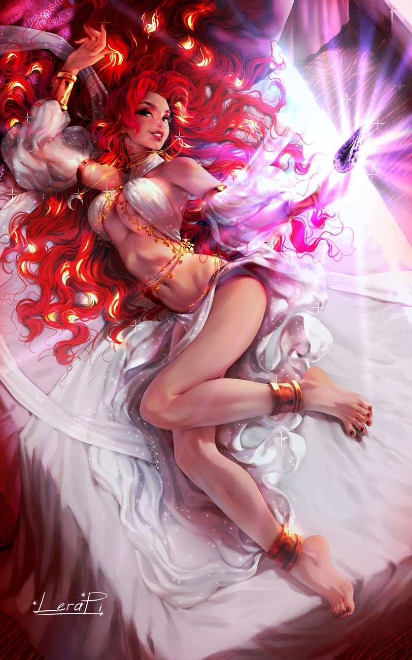 1girls, anklet, belly, belly chain, belly dancer, belly dancer outfit, bocas top, bracelet, breasts, dancer, dancer outfit, female, female only, harem outfit, large breasts, lerapi, long hair, navel, original, original character, red hair, revealing clothes, underboob, voluptuous