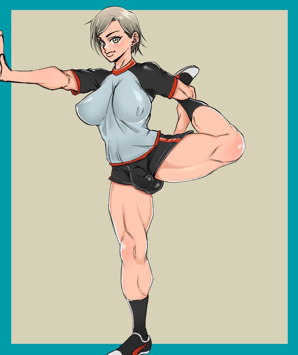 1futa big_breasts black_socks breasts bulge crossing_mao dickgirl ear_piercing erect_nipples futanari grey_hair gym_uniform lifting_leg shoes short_hair shorts socks solo_futa stretching yellow_eyes