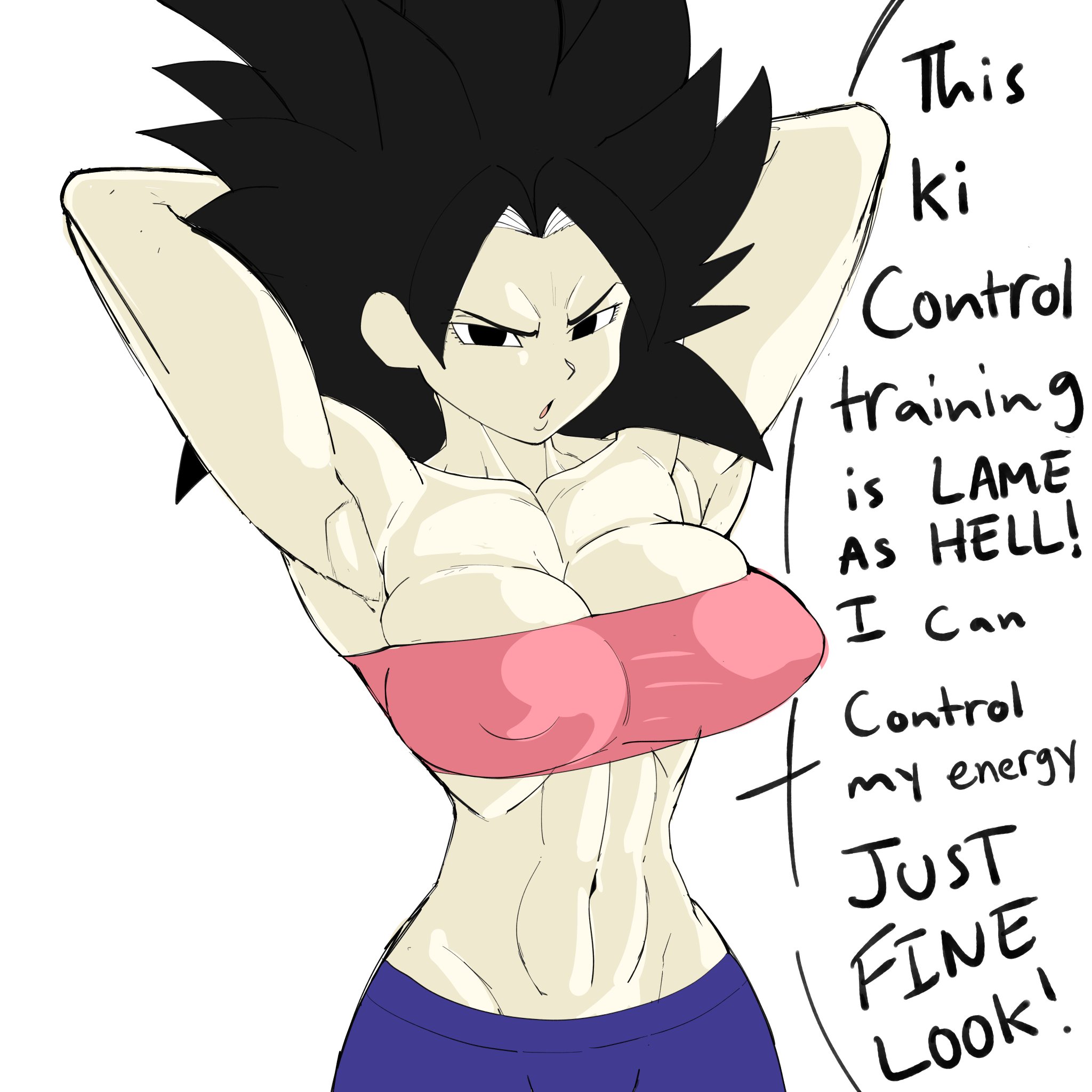 armpits, arms behind head, arms up, big breasts, black eyes, black hair, breasts, breasts bigger than head, caulifla, dragon ball, dragon ball super, female, female saiyan, light skin, light-skinned female, long hair, pseudocel, saiyan, shounen jump, spiky hair, thick thighs, tomboy, tube top, tubetop, universe 6 saiyan/universe 7 saiyan, universe 6/universe 7