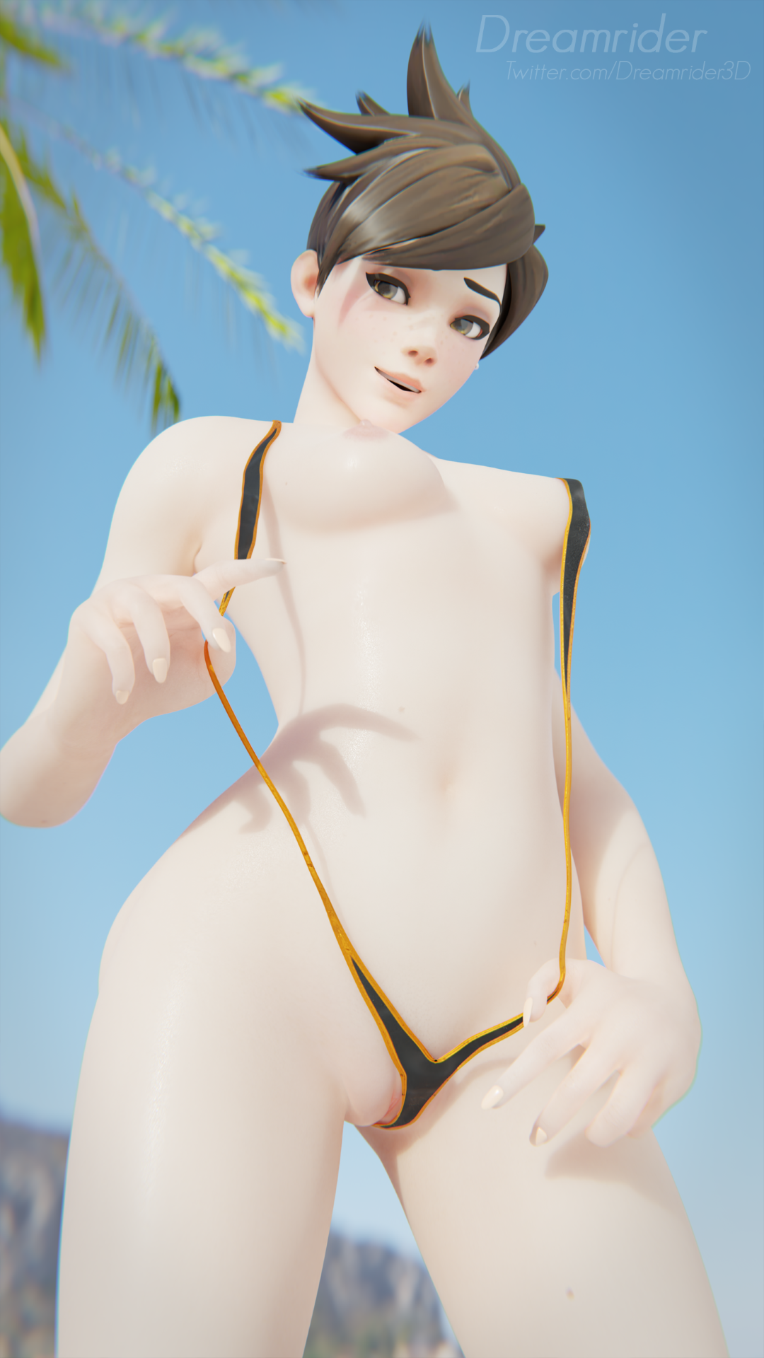 1girls, 3d, areolae, blender, breasts, dreamrider, female, female only, nipples, overwatch, pussy, sling bikini, sling bikini aside, solo, source filmmaker, thong aside, thong bikini, tracer