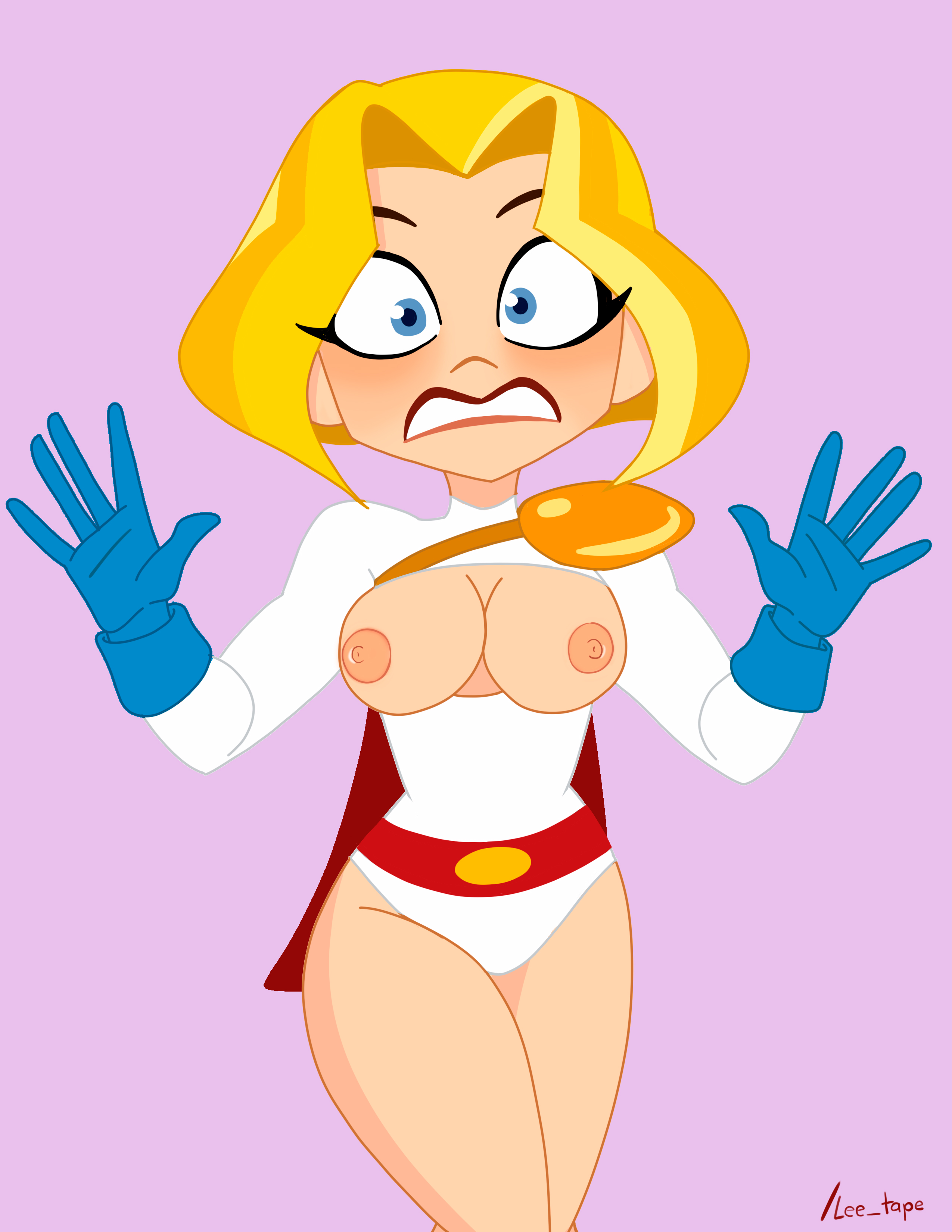 1girls, blonde hair, blue eyes, blush, breasts, breasts out, cleavage cutout, dc, dc comics, dc super hero girls, embarrassed, exposed breasts, female, female focus, female only, kara danvers, kara danvers (shg), karen starr, lee tape, leotard, power girl, solo, solo female, superman (series)