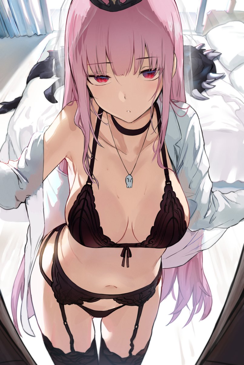 2d bedroom black_panties bra female female_only garter_belt hews_hack hololive hololive_english hololive_myth light-skinned_female light_skin lingerie mori_calliope pale-skinned_female pale_skin pink_hair red_eyes solo thighhighs virtual_youtuber