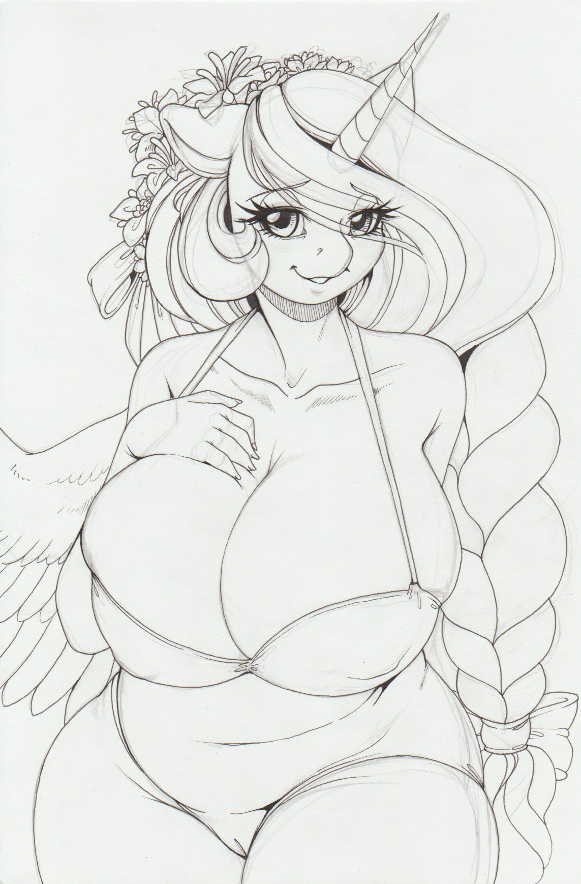 accessory alicorn anthro anthrofied big_breasts braided_hair braided_ponytail breasts clothing equid flower flower_in_hair friendship_is_magic genitals hair hair_accessory hasbro hi_res horn line_art longinius looking_at_viewer mammal monochrome my_little_pony one-piece_swimsuit plant princess_celestia_(mlp) pussy smooth_skin swimwear wings