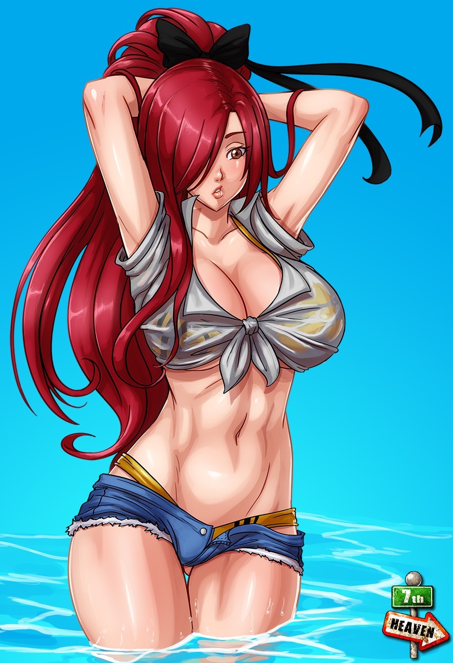 1girls, 7th-heaven, bikini, curvy, curvy figure, defined nose, erza scarlet, fairy tail, female, hourglass figure, red hair, red-haired female, tagme, water