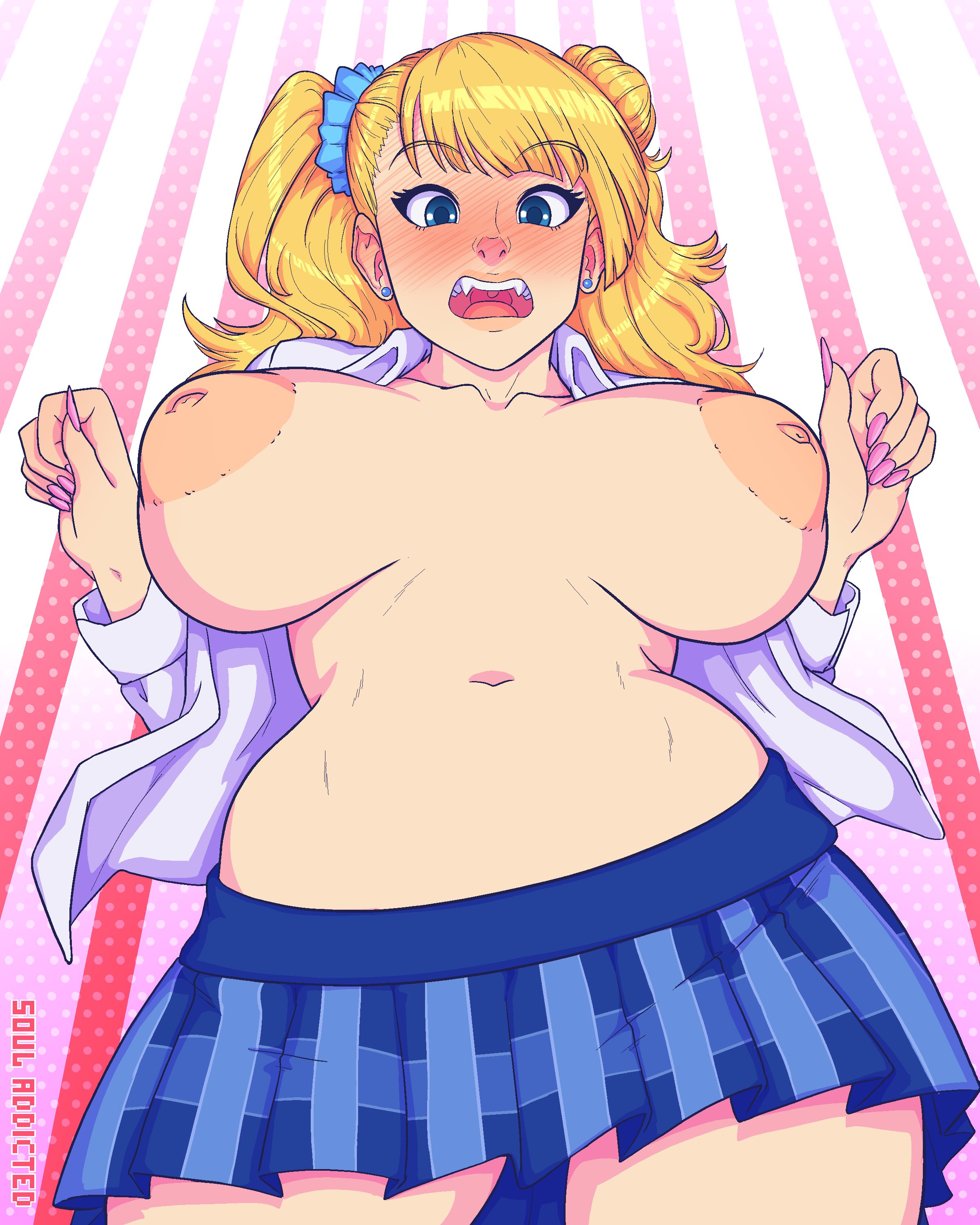1girls, blonde hair, blue eyes, blush, breasts, breasts out, clothing, female, from below, galko, inverted nipples, large breasts, oshiete! galko-chan, puffy nipples, school uniform, skirt, souladdicted, surprised, topless