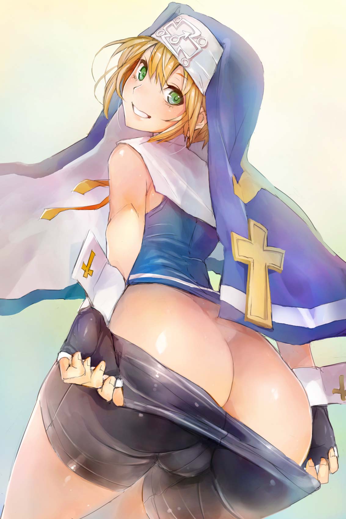 androgynous, arc system works, ass, big ass, big butt, bike shorts, blonde hair, bridget, bulge, bulge through clothing, femboy, girly, green eyes, guilty gear, looking at viewer, looking back, male, male only, medium hair, pants pull, pre-transition, presenting hindquarters, pulling pants down, simple background, smile, solo, solo male, taishi (artist), trap