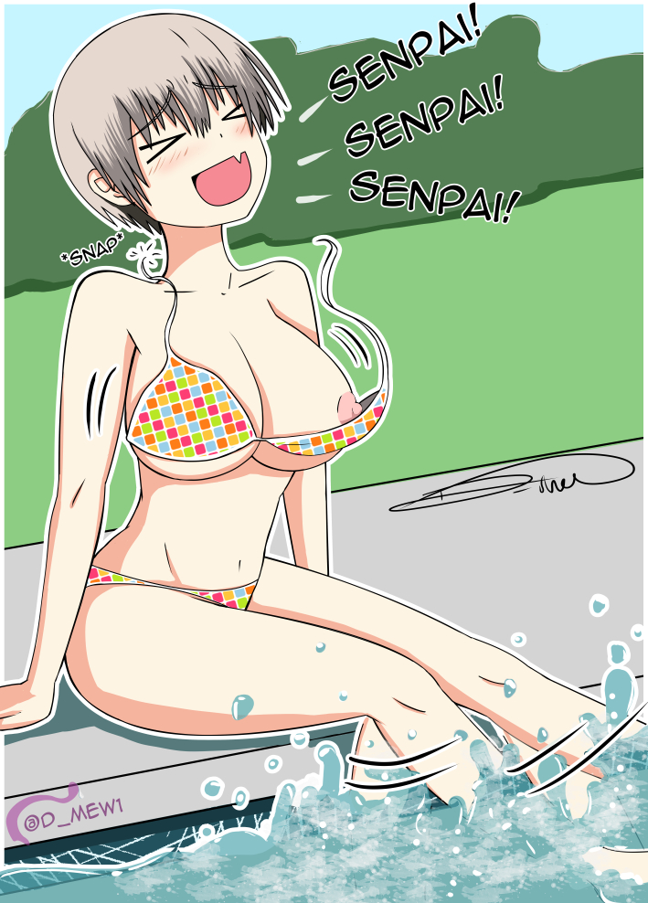 1girls bikini bikini_malfunction d_mew female huge_breasts lost_clothes nipple nipple_slip pool poolside splashing uzaki-chan_wa_asobitai! uzaki_hana wardrobe_malfunction