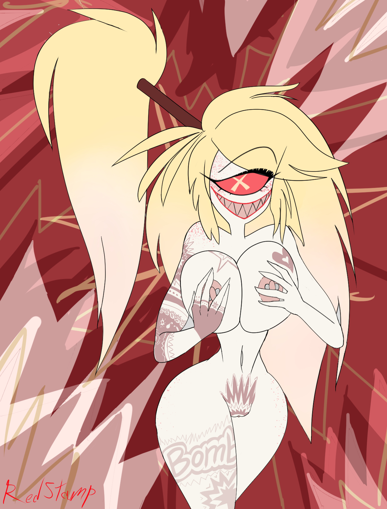 1girls, akiva, blonde hair, breasts, cherri bomb, demon, female, hazbin hotel, large breasts, smooth skin, solo, spindlehorse toons, tagme, vivienne medrano, vivziepop
