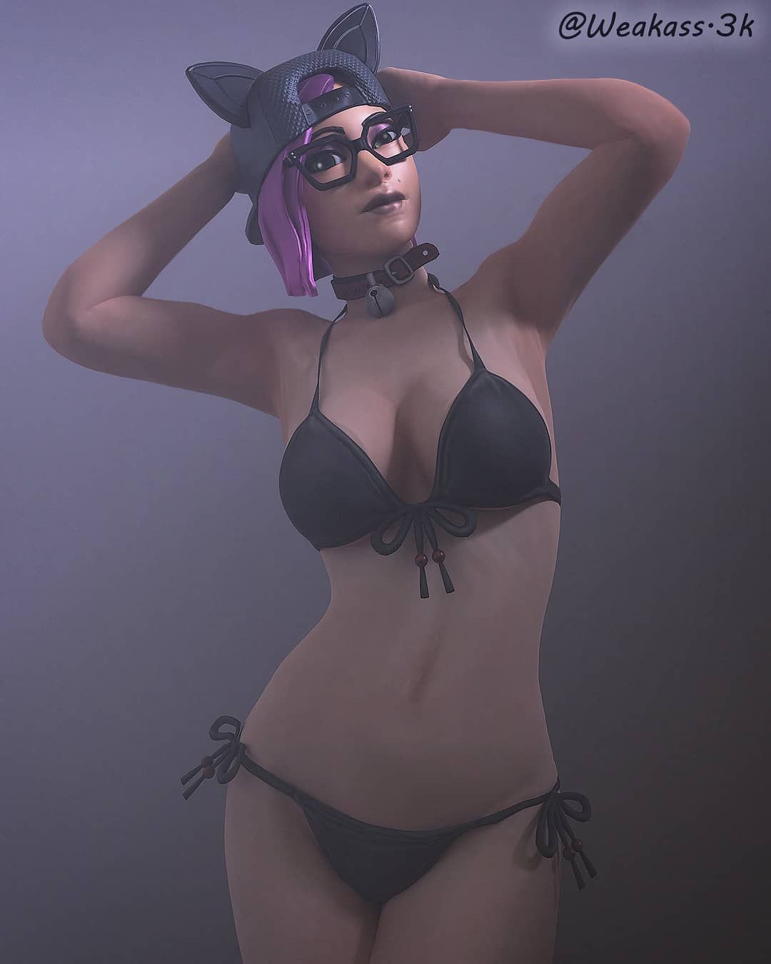 1girls, 3d, belly button, bikini, black bikini, black hat, black lipstick, breasts, cat ears, female, female only, fortnite, glasses, grey background, hands behind head, kassandra lynx, looking at viewer, lynx (fortnite), pink hair, seductive pose, simple background, standing, tagme, thin waist, watermark