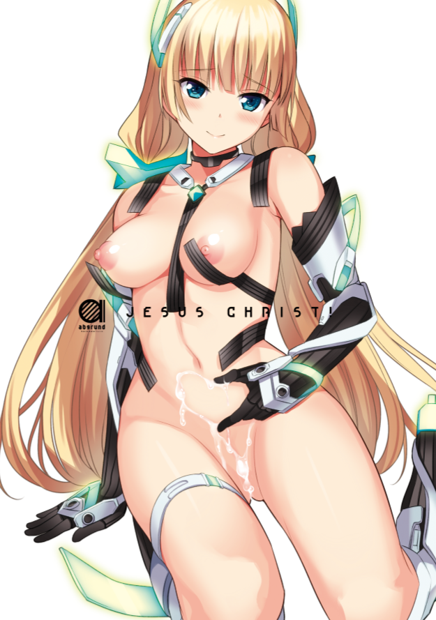 angela_balzac bare_shoulders blonde_hair blue_eyes blush breasts cover cover_page cum doujin_cover elbow_gloves expelled_from_paradise female gloves headgear large_breasts long_hair looking_at_viewer low_twintails navel nipples smile suggestive_fluid thigh_strap tied_hair twintails udk very_long_hair